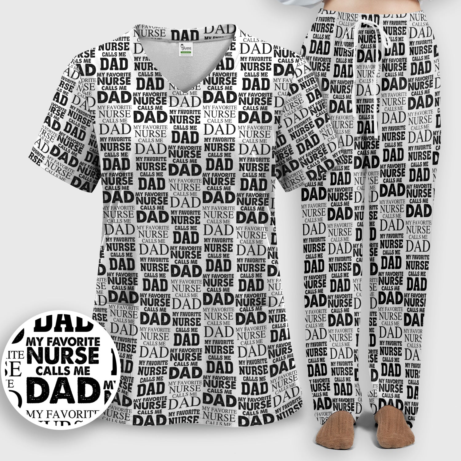 Favorite Nurse Calls Dad Pattern Scrub Set, Scrub Pants and V Neck Top