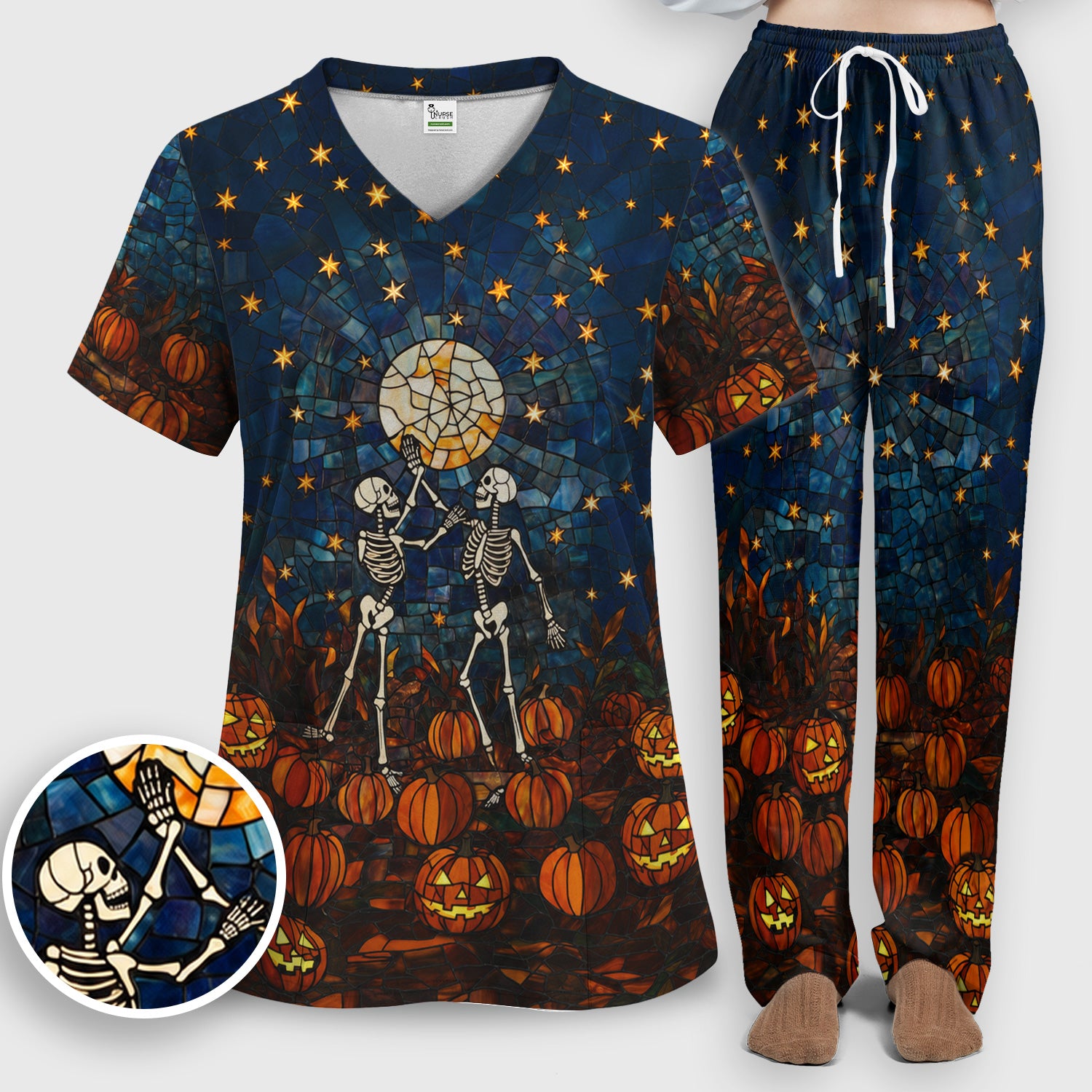 Halloween Skeleton Pumpkin Patch Scrub Set, Scrub Pants and V Neck Top