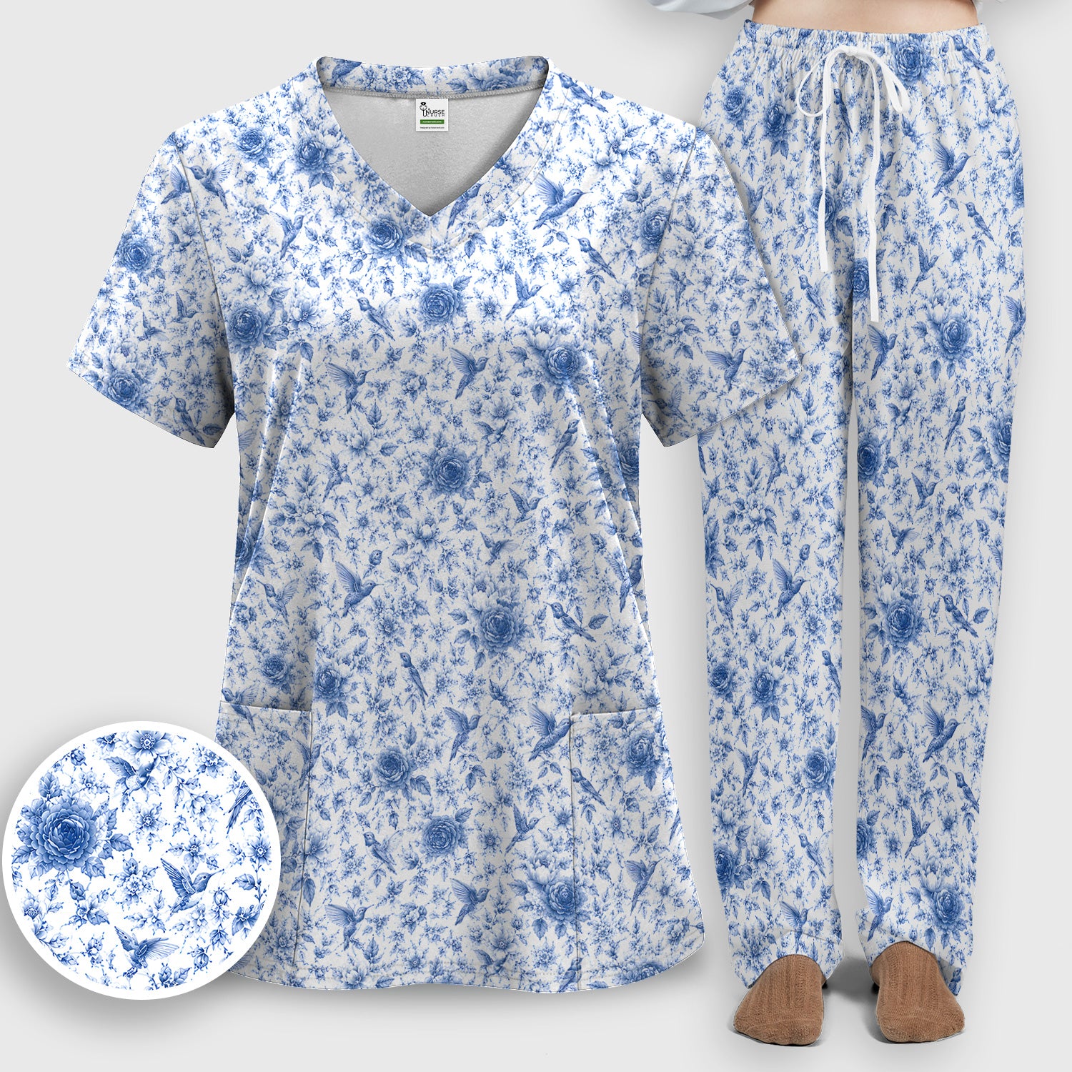 Blue Floral Hummingbird Toile Pattern Scrub Set, Scrub Pants and V Neck Top