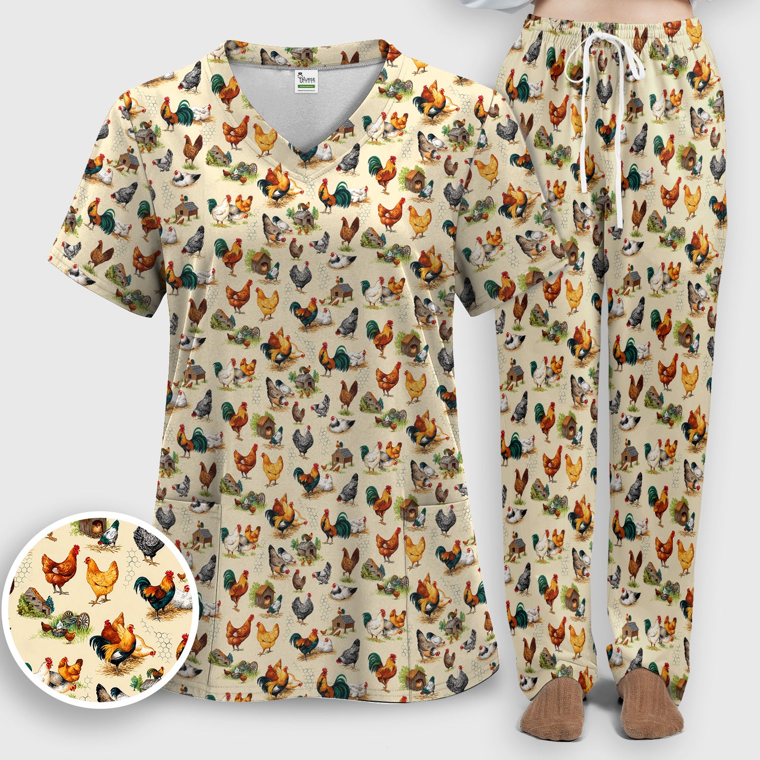 Farm Chicken Rooster Coop Pattern Scrub Set, Scrub Pants and V Neck Top