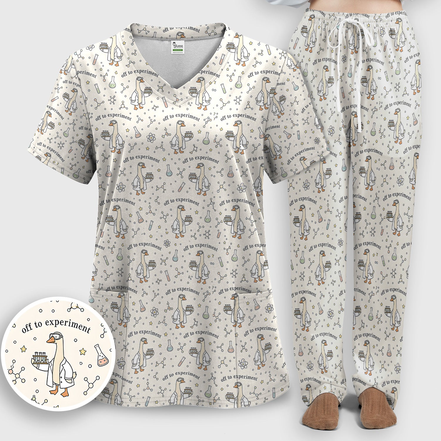 Funny Off To Experiment Scientist Goose Scrub Set, Scrub Pants and V Neck Top
