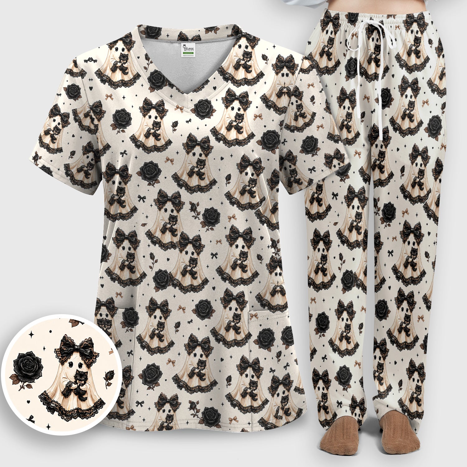 Halloween Ghost Black Cat Pattern Scrub Set, Scrub Pants and V Neck Top
