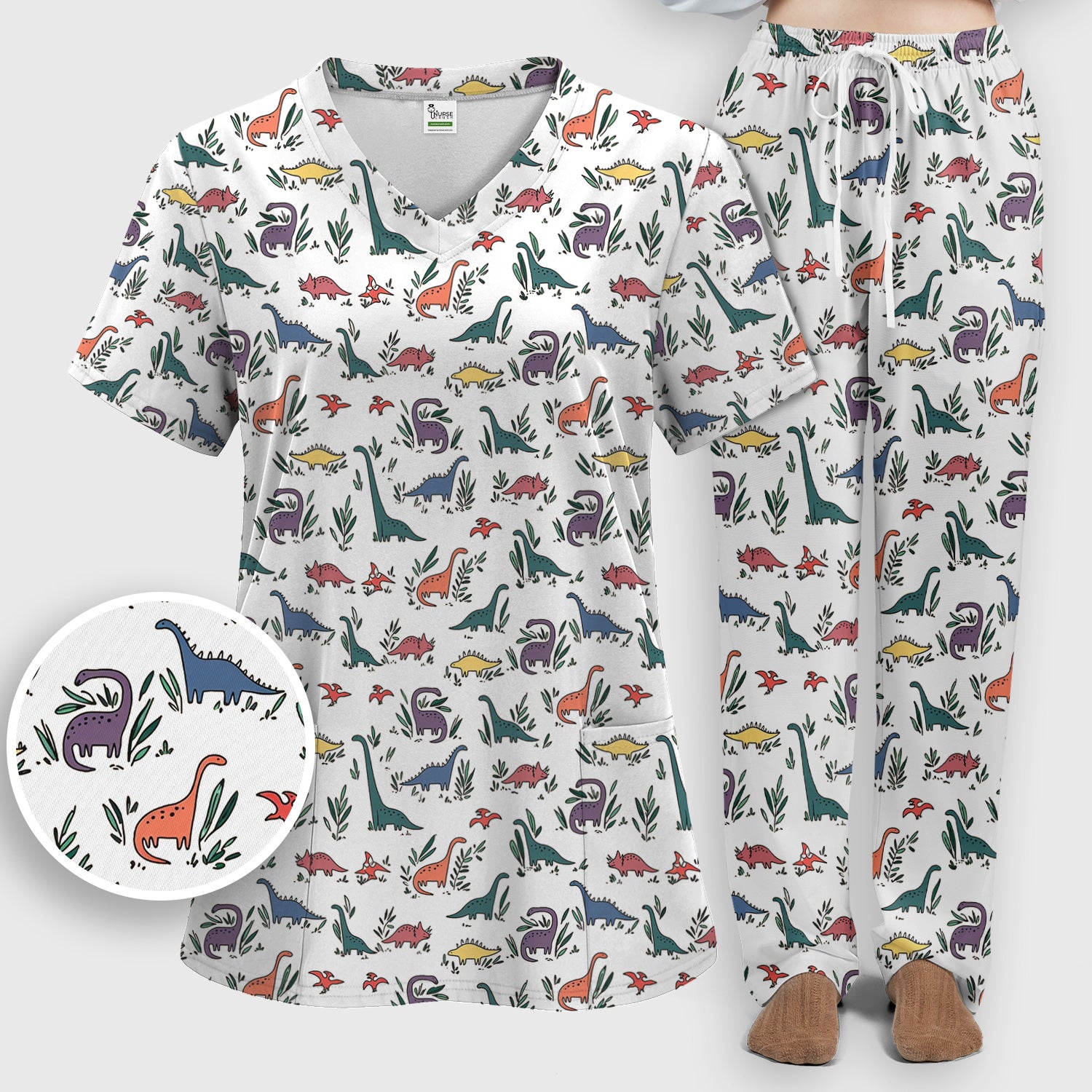 Cute Dinosaur Leafy Garden Pattern Scrub Set, Breathable Fabrics Nursing Uniform