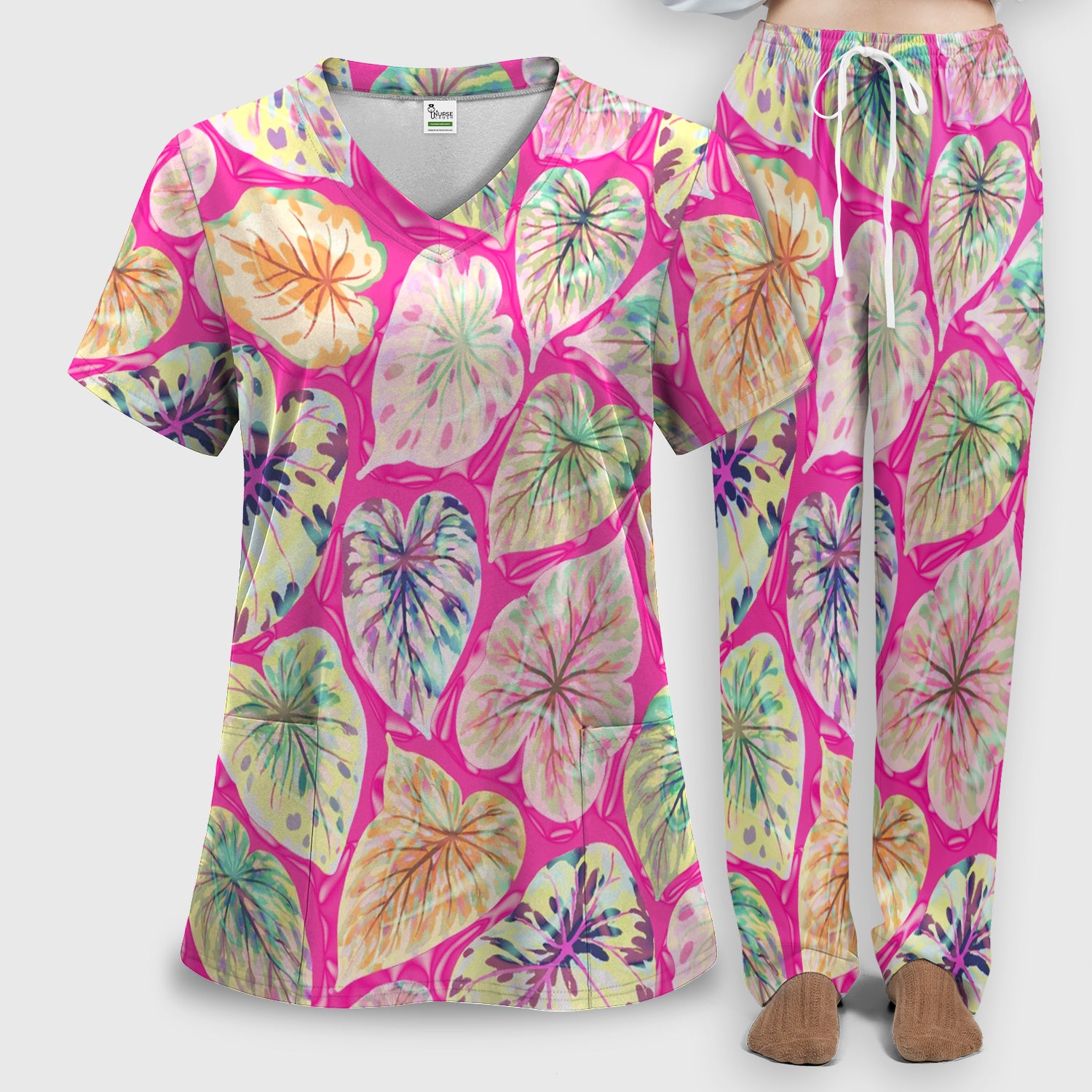 Tropical Colorful Shaped Leaf Nurse Pattern Scrub Set, Scrub Pants and V Neck Top