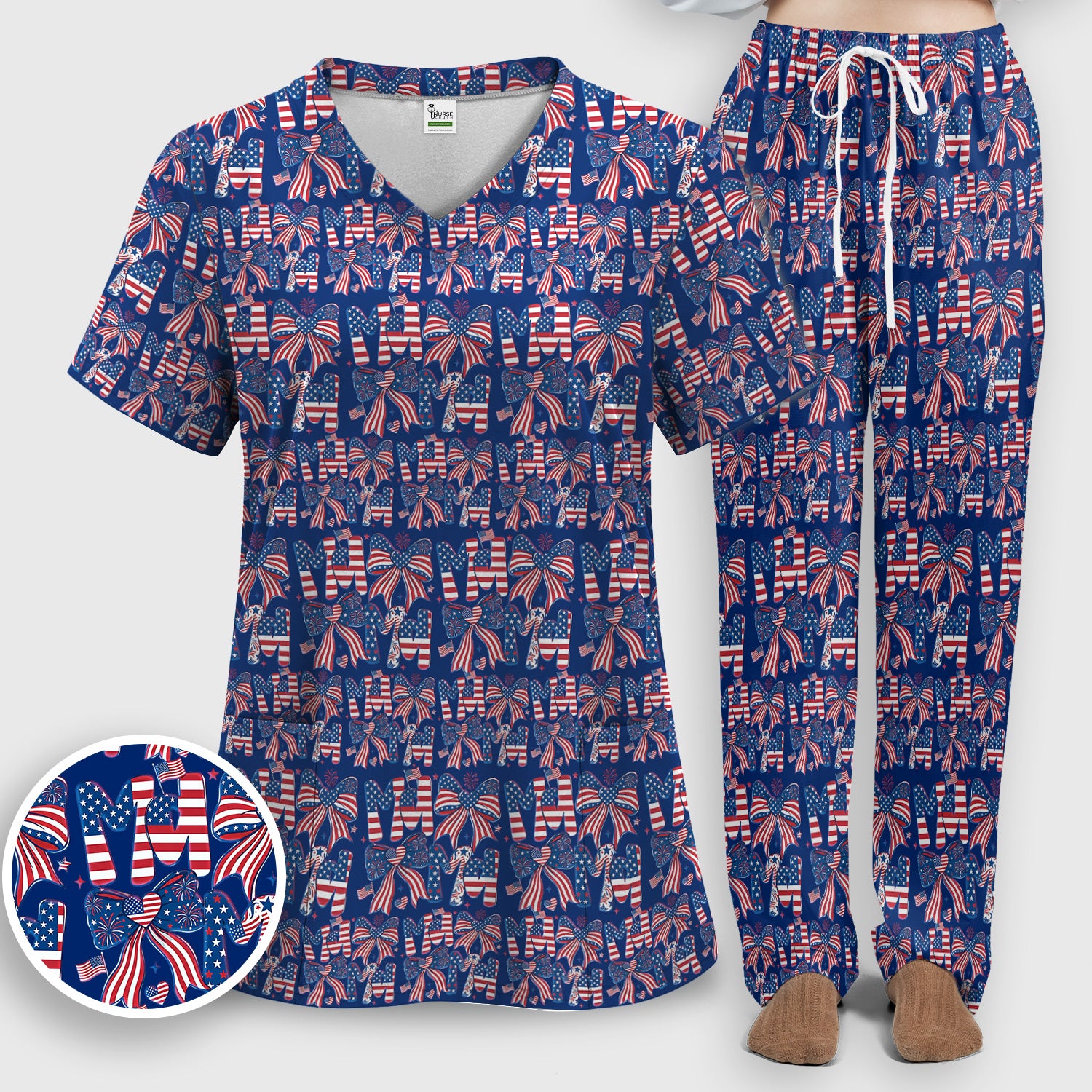 American Flag MaMa Bow Pattern Scrub Set, Breathable Med Uniform