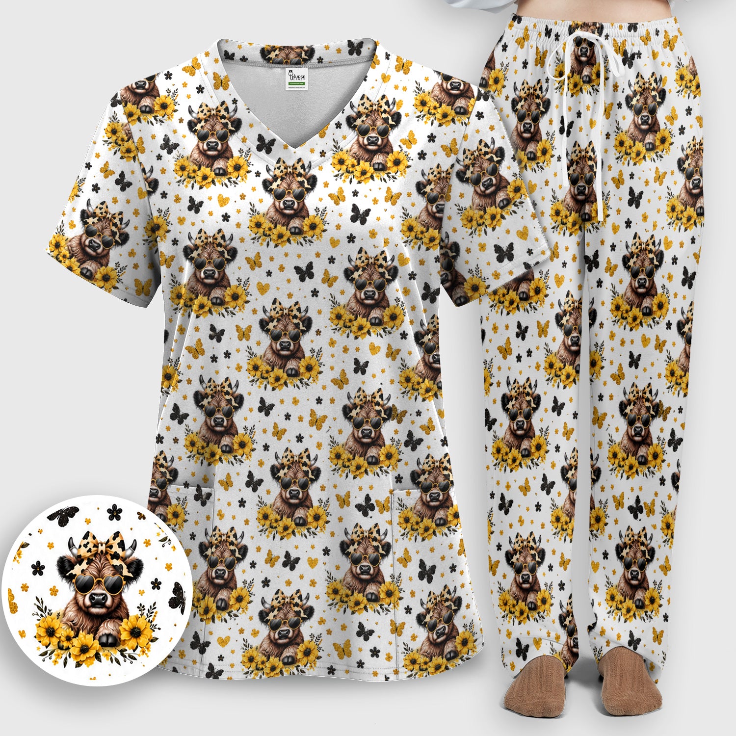 Sassy Highland Cow Sunflower Pattern Scrub Set, Scrub Pants and V Neck Top