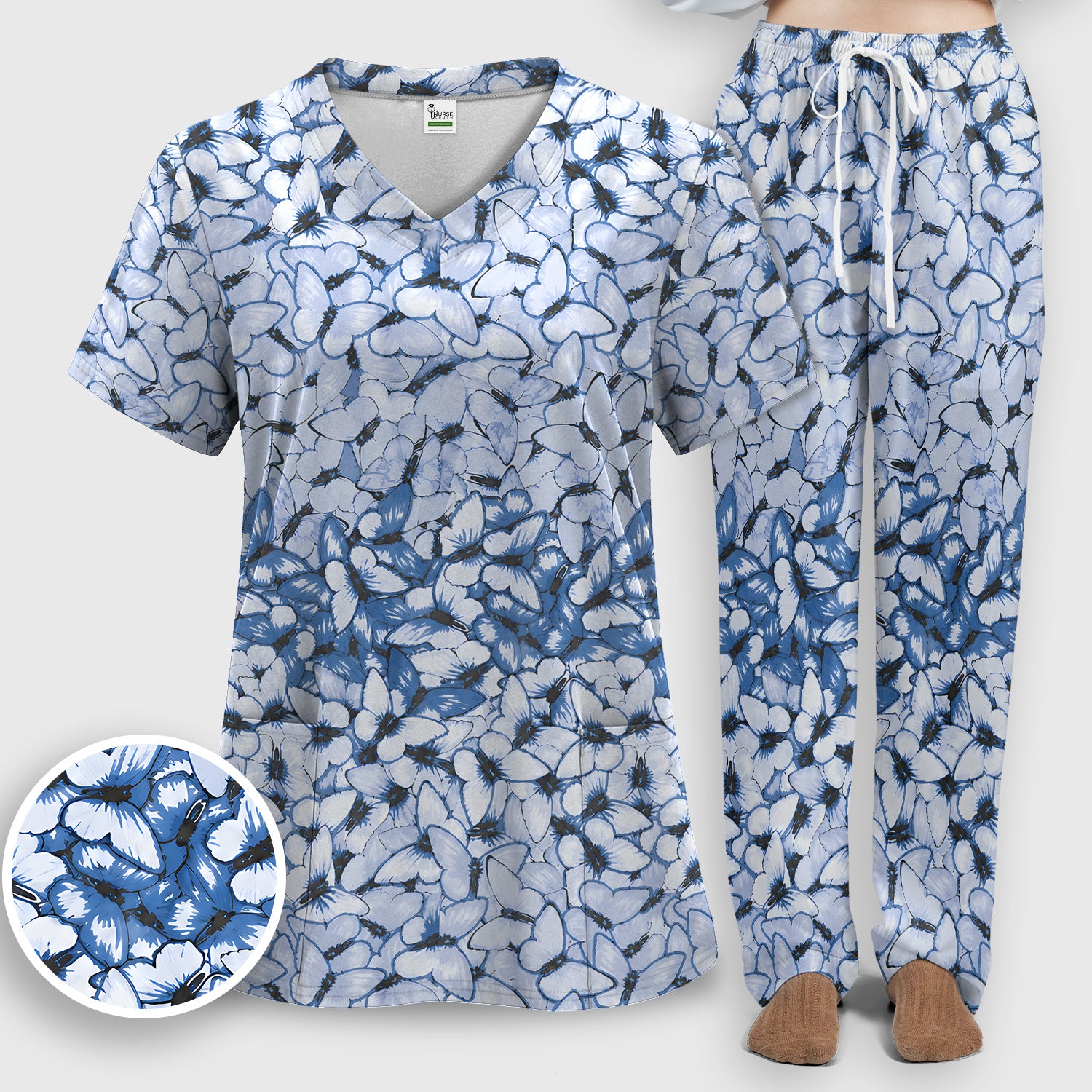 Blue Butterfly Floral Pattern Scrub Set, Scrub Pants and V Neck Top
