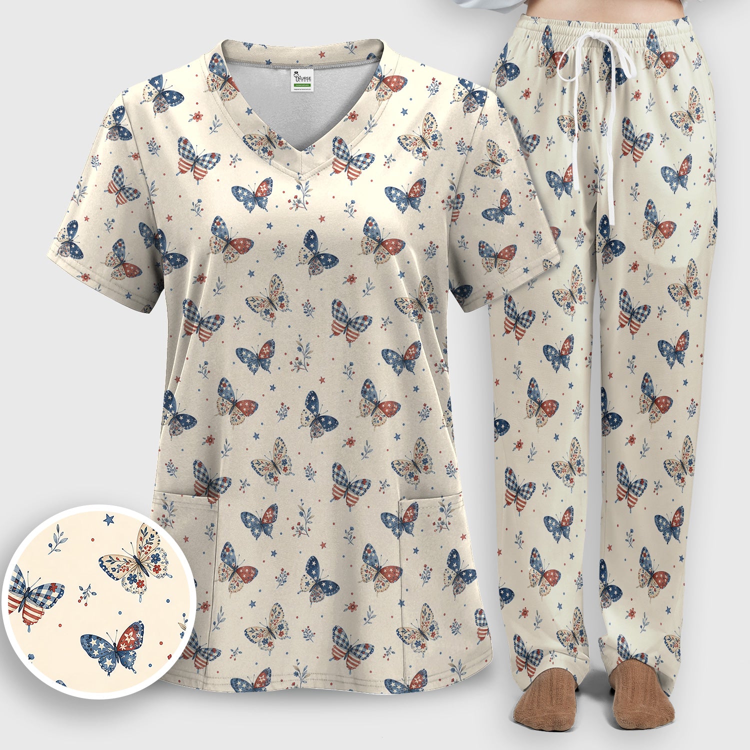 Fourth Of July Butterfly Print Scrub Set, Scrub Pants and V Neck Top