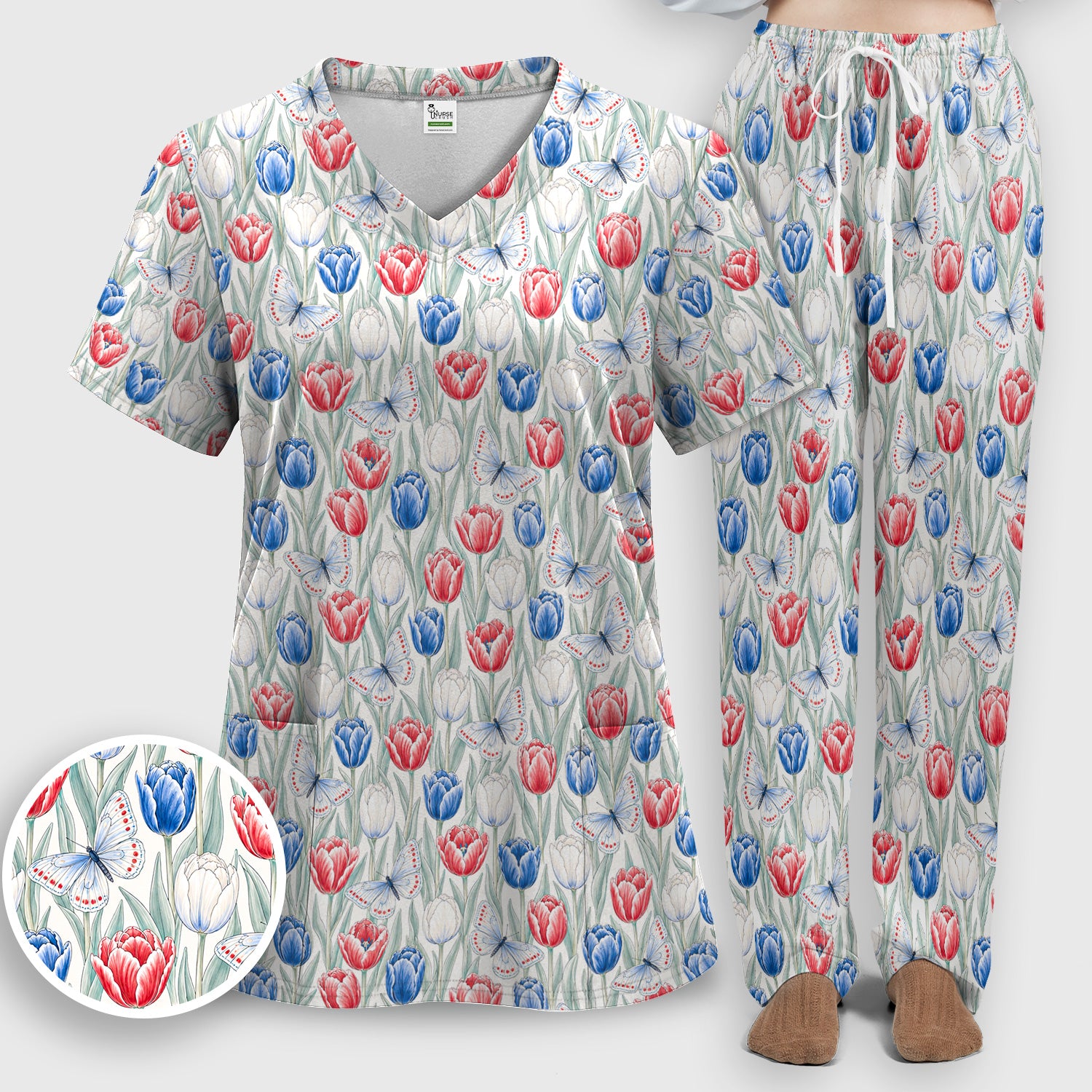 Patriotic Tulip Butterfly Nurse for RN, CNA, Healthcare Workers Scrub Set, Scrub Pants and V Neck Top