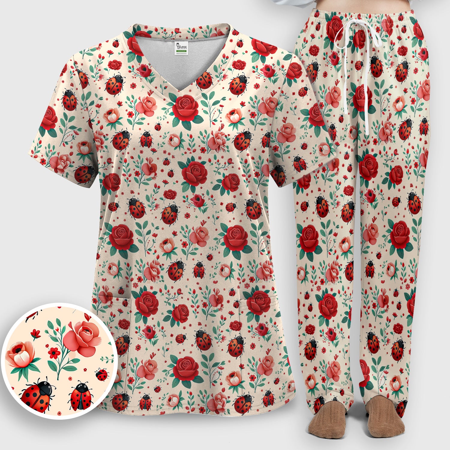 Cute Ladybug Red Rose Floral Pattern Scrub Set, Women's Scrub Sets