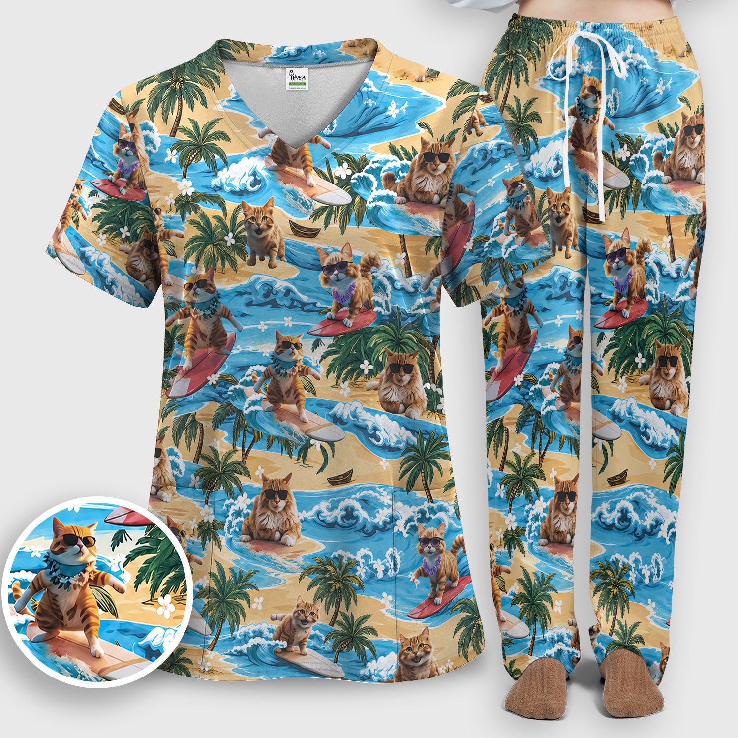 Tropical Surfing Cat with Beach Wave Island Print Scrub Set, Scrub Pants and V Neck Top