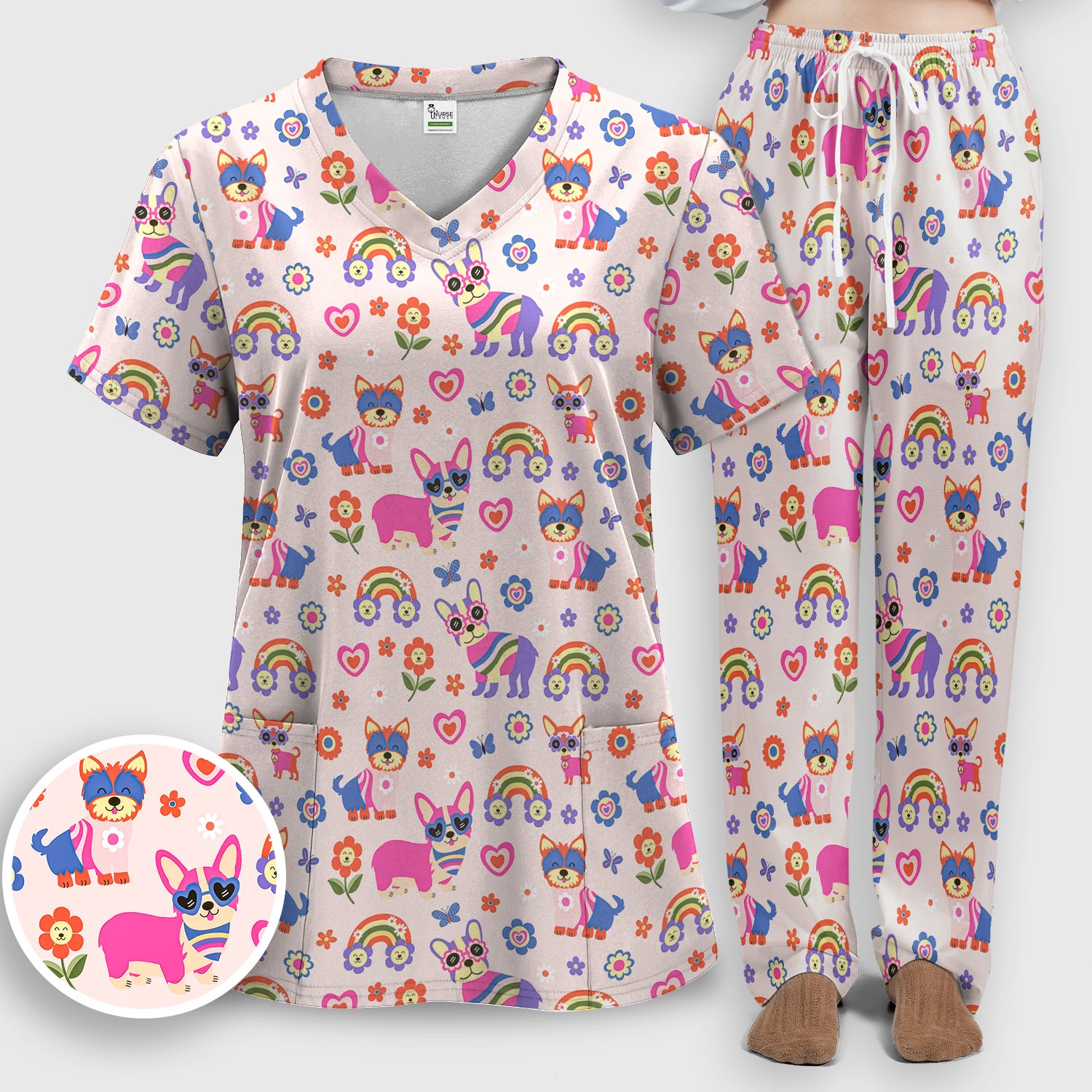Colorful Cartoon Dogs With Rainbow Flowers Pattern Pattern Scrub Set, Scrub Pants and V Neck Top