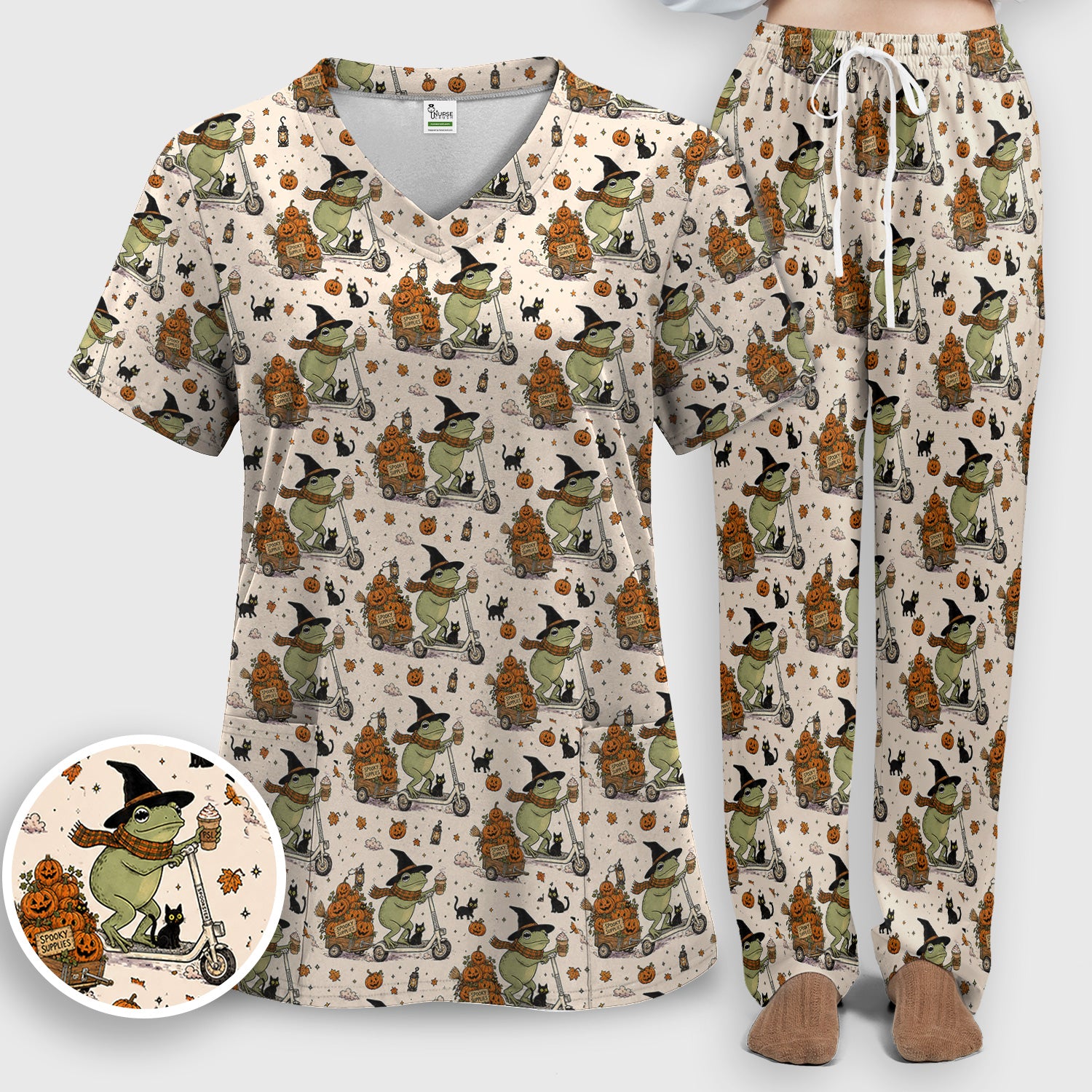 Cute Halloween Witch Frog And Pumpkins Scrub Set, Scrub Pants and V Neck Top