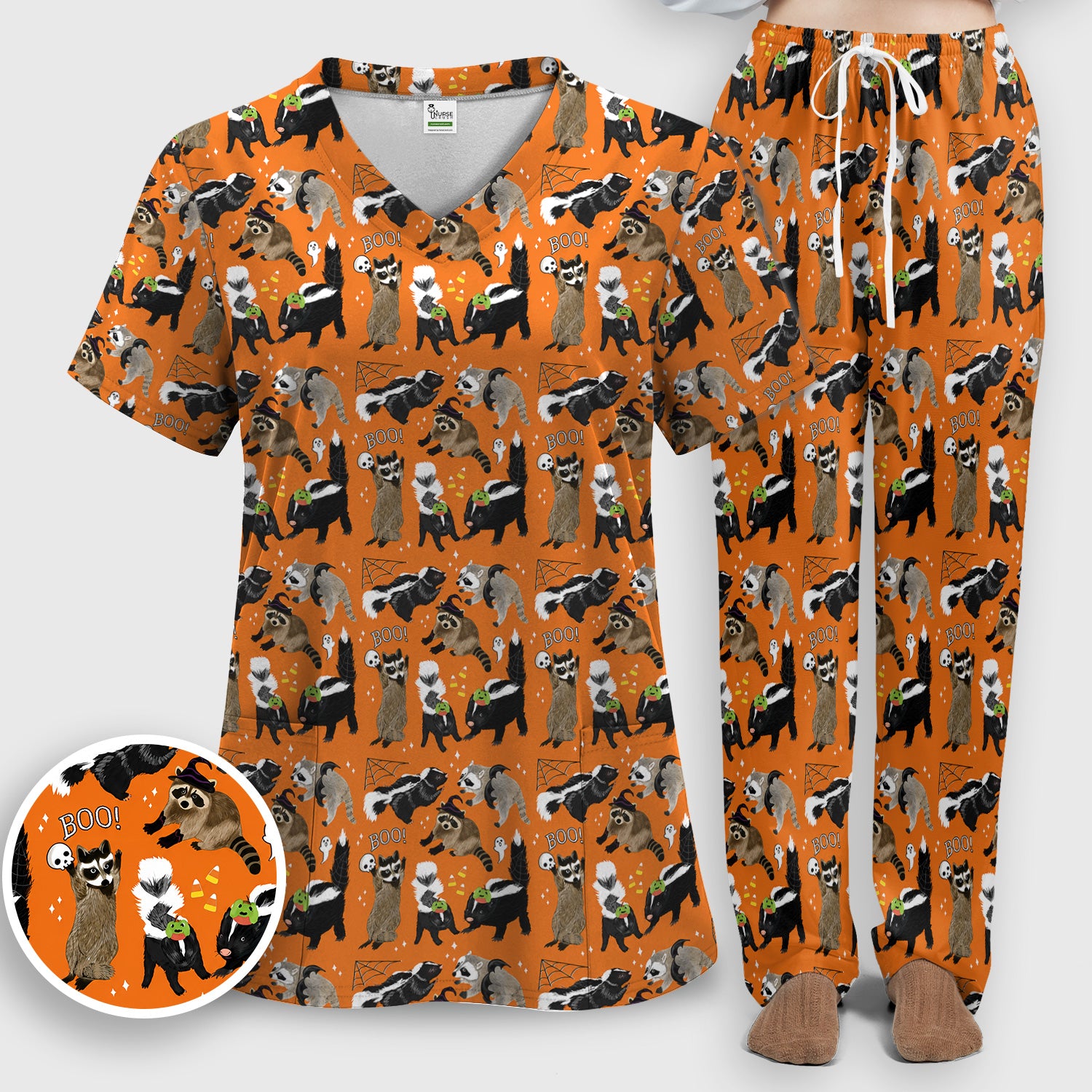 Halloween Wildlife with Skunk Raccoon Pattern Scrub Set, Scrub Pants and V Neck Top