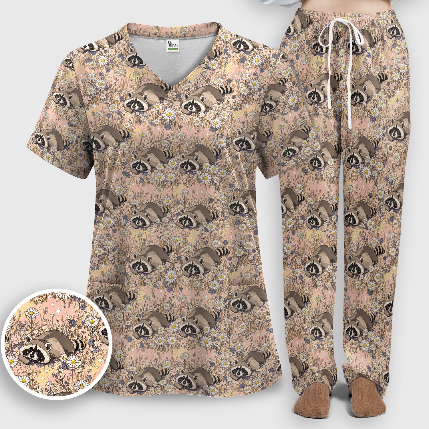 Cute Raccoon Wildflower Meadow Pattern Scrub Set, Scrub Pants and V Neck Top