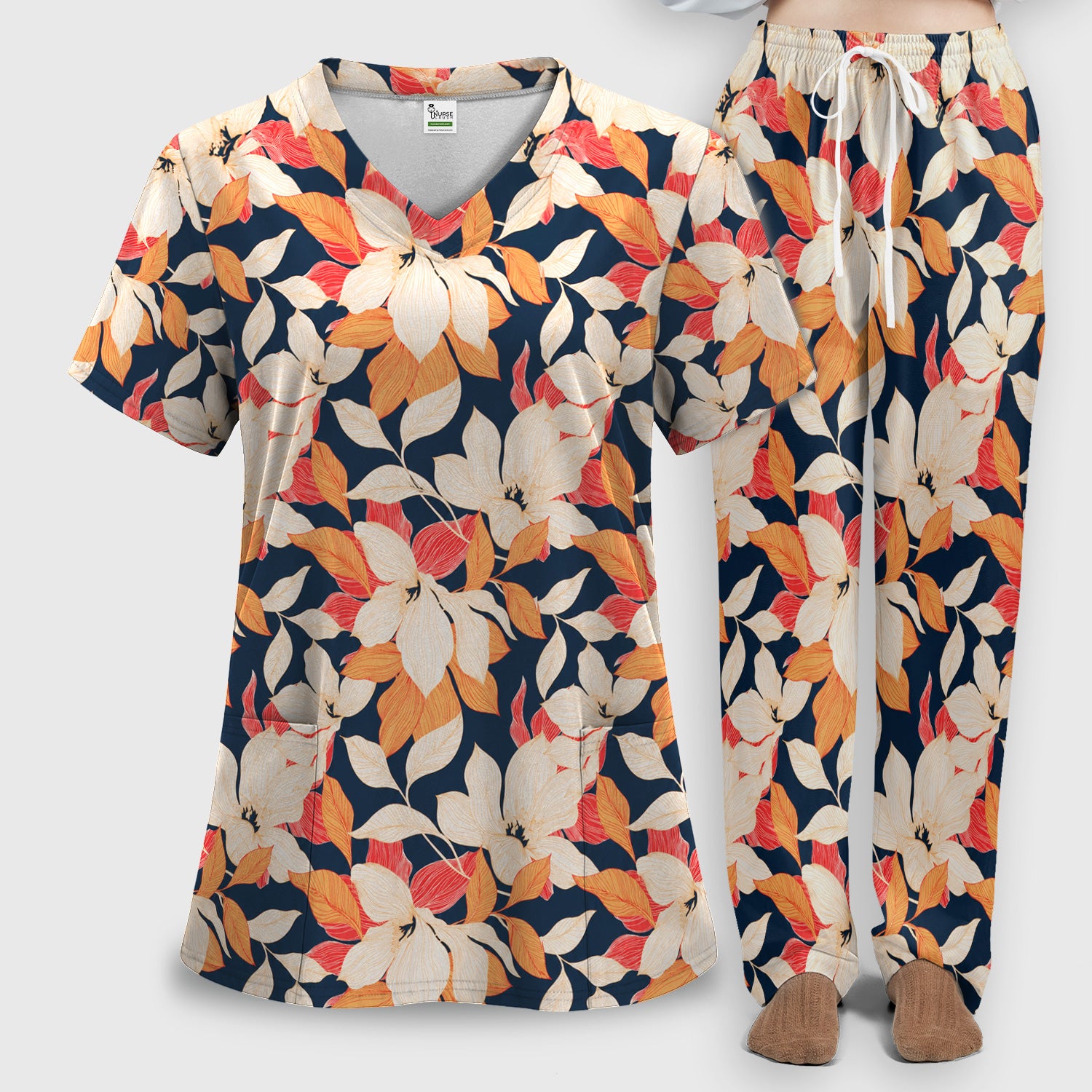 Elegant Ivory Lily Leaves Pattern Scrub Set, Scrub Pants and V Neck Top