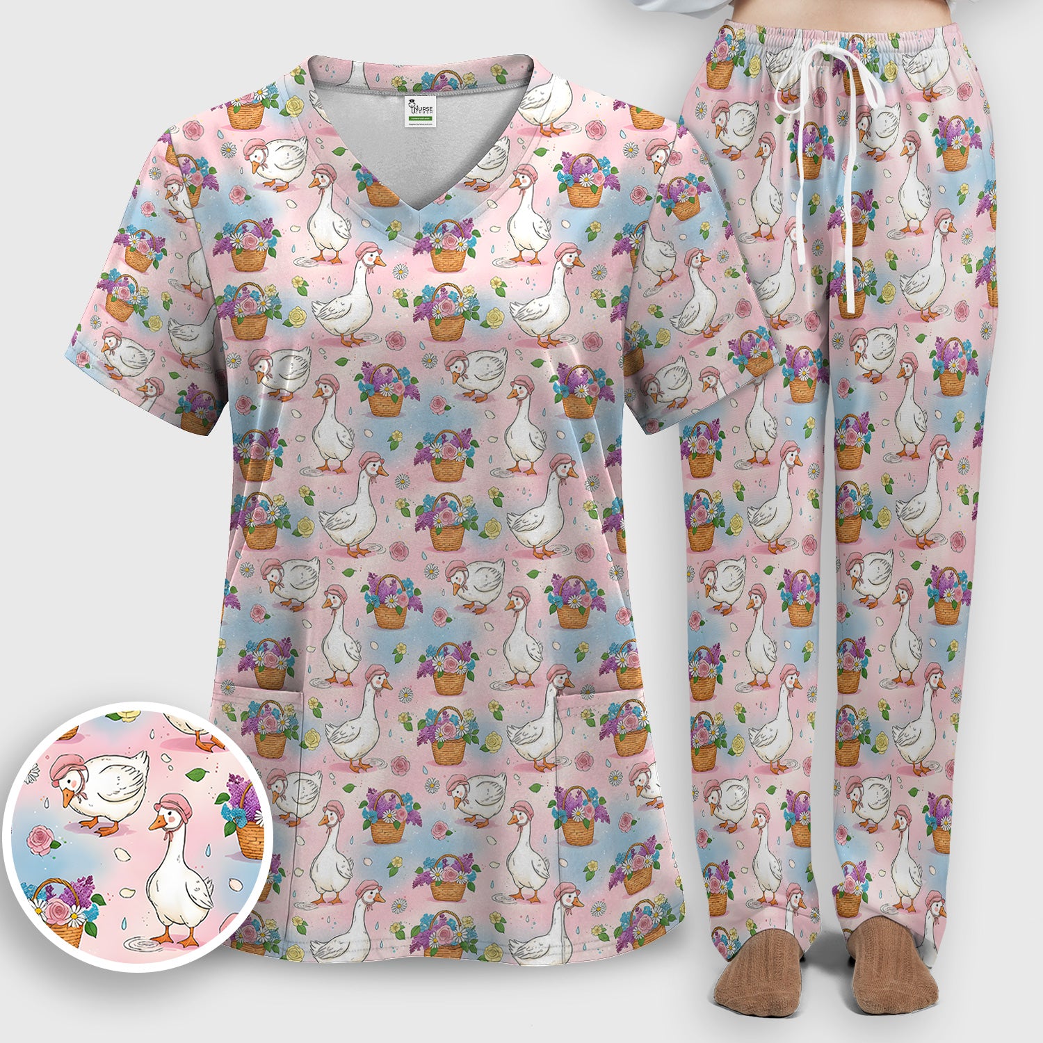 Cute Spring Goose Flower Basket Pattern Scrub Set, Scrub Pants and V Neck Top