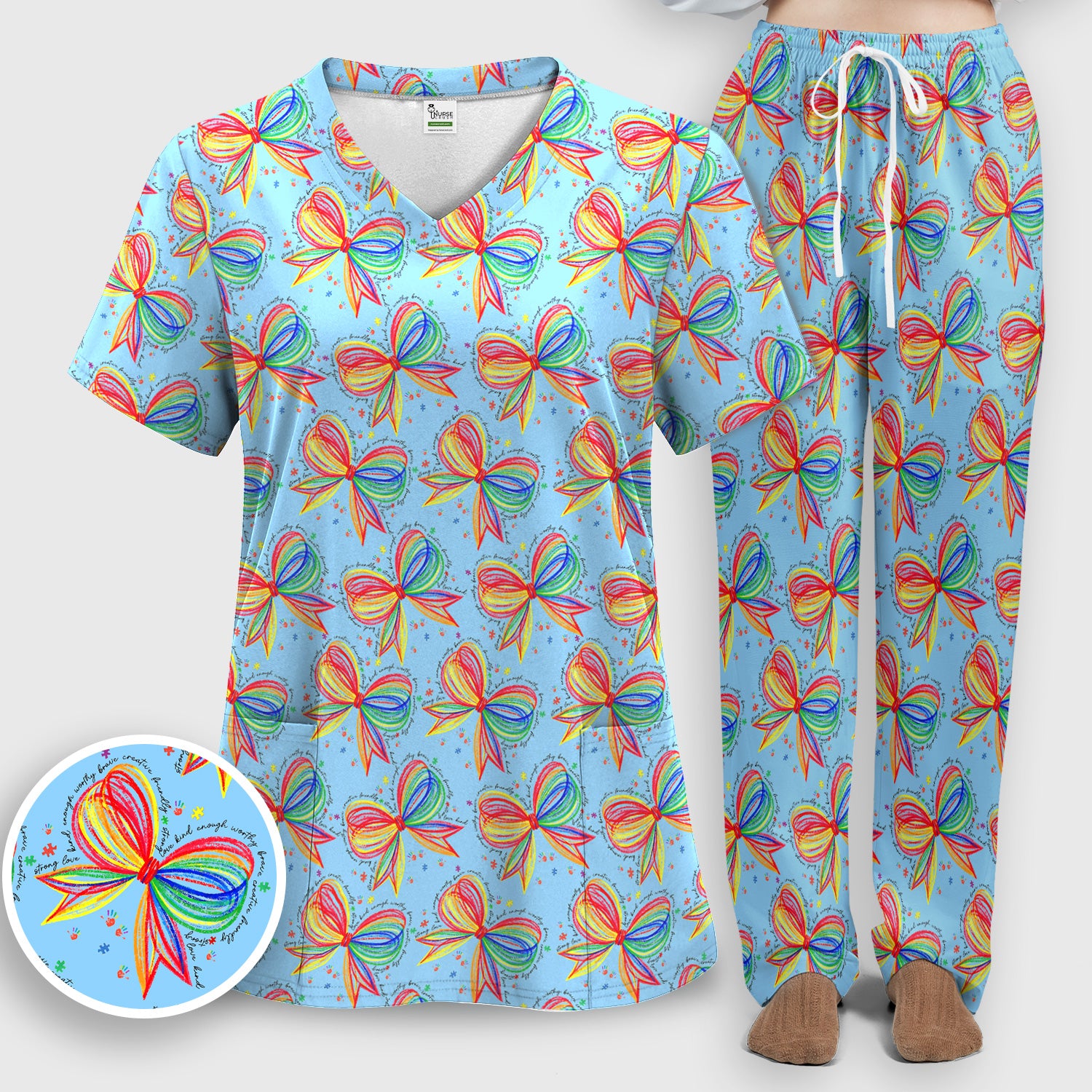 Colorful Rainbow Bow Pattern Scrub Set, Scrub Pants and V Neck Top