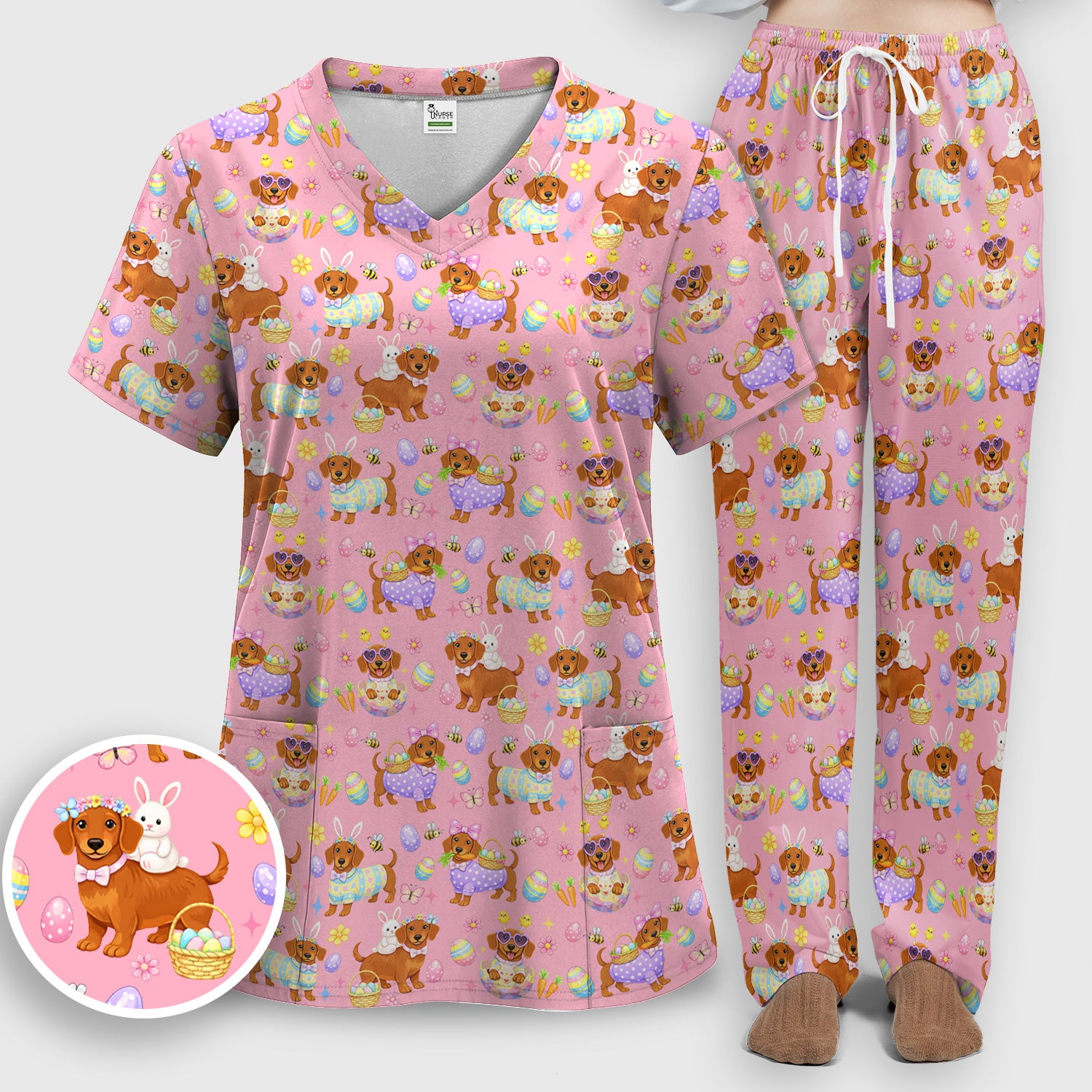 Cute Easter Dachshund Dog Pattern Scrub Set, Scrub Pants and V Neck Top