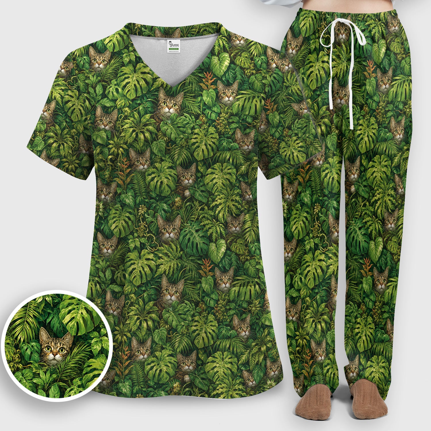 Hidden Jungle Cat Veterinary Nurse Pattern Scrub Set, Scrub Pants and V Neck Top