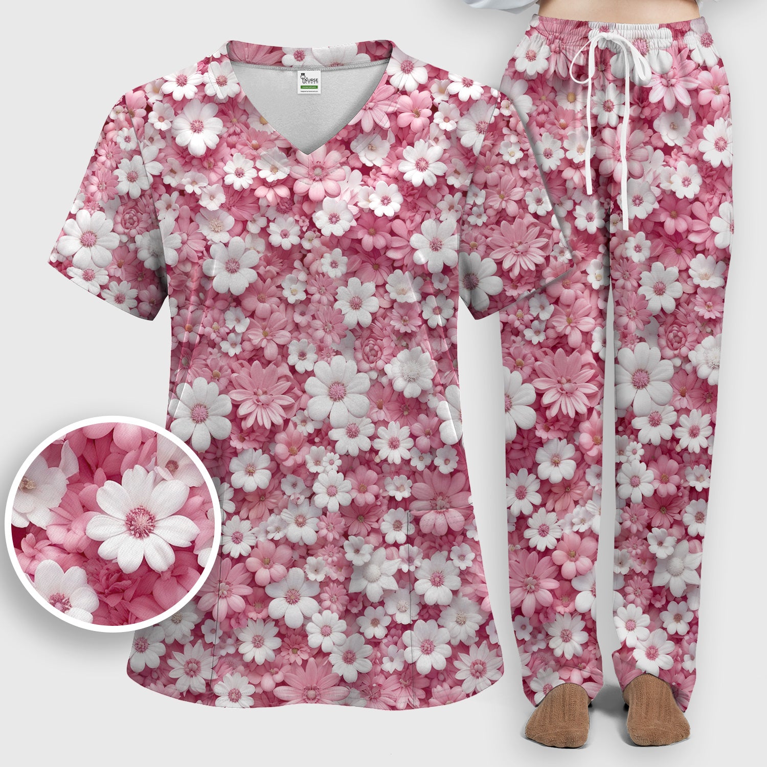 Cute Daisy Flower Bloom Pattern Scrub Set, Scrub Pants and V Neck Top