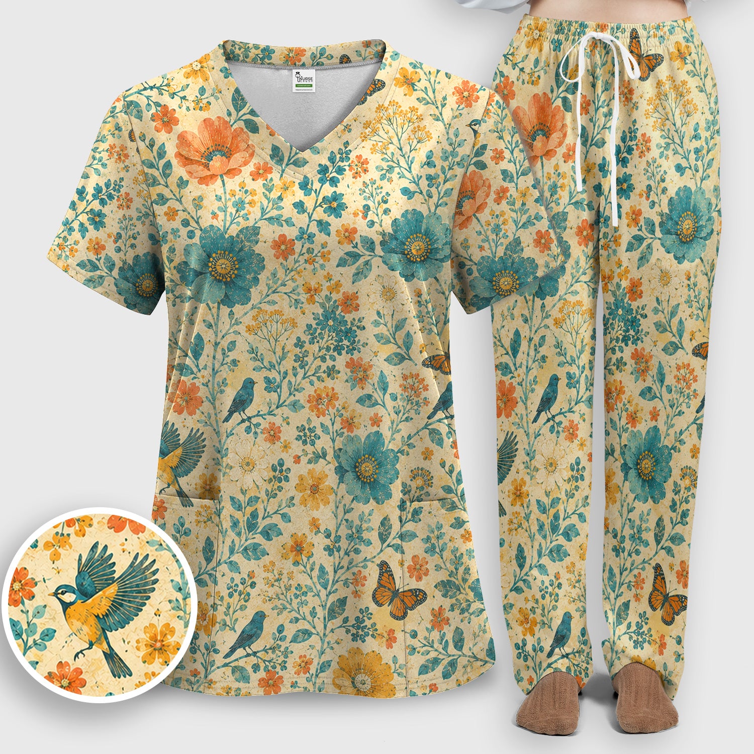 Vintage Floral Bird Butterfly Pattern Scrub Set, Scrub Pants and V Neck Top