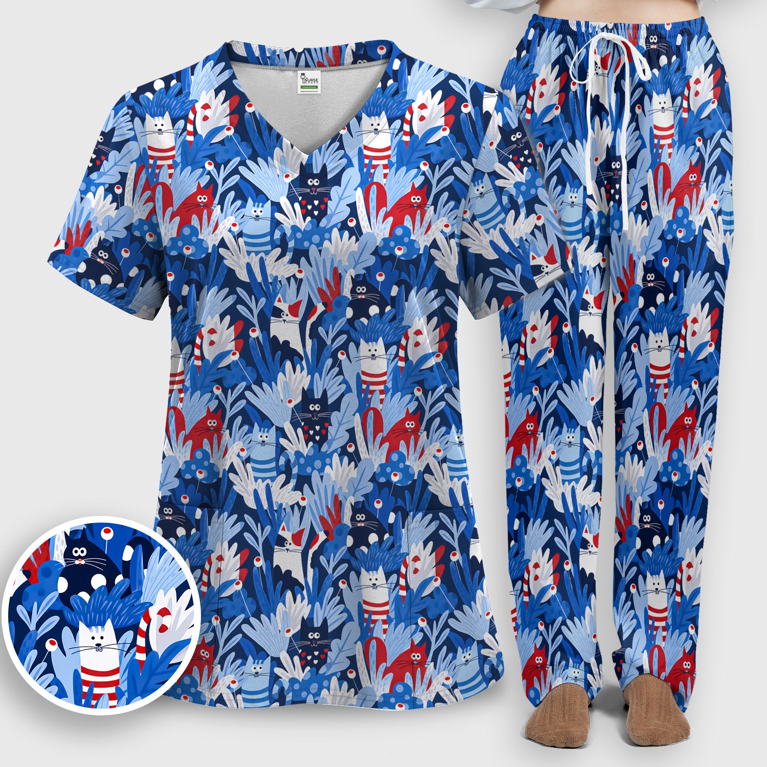 Cute Cats Among Blue Foliage Pattern Scrub Set, Scrub Pants and V Neck Top