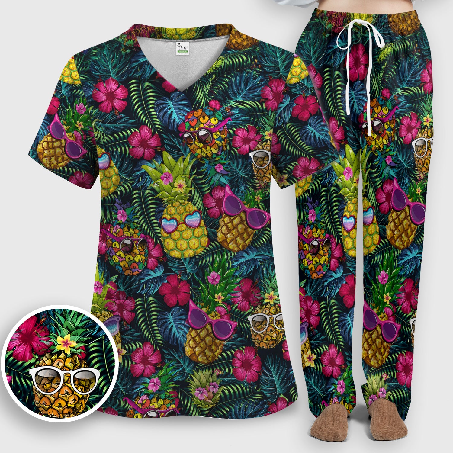 Cute Tropical Pineapple Sunglasses Pattern Scrub Set, Scrub Pants and V Neck Top