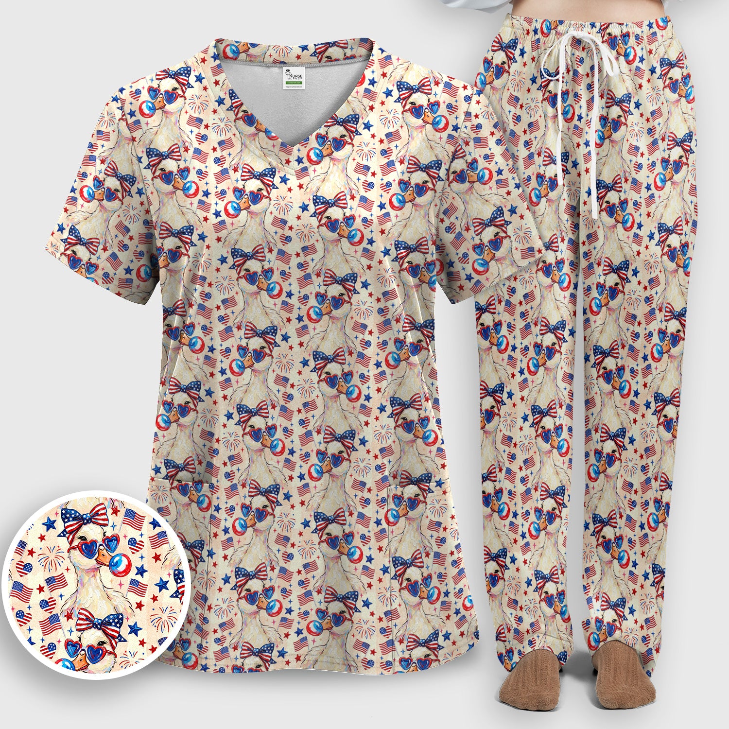 USA Flag 250th Patriotic Duck Sunglasses Pattern Scrub Set, Scrub Pants and V Neck Top