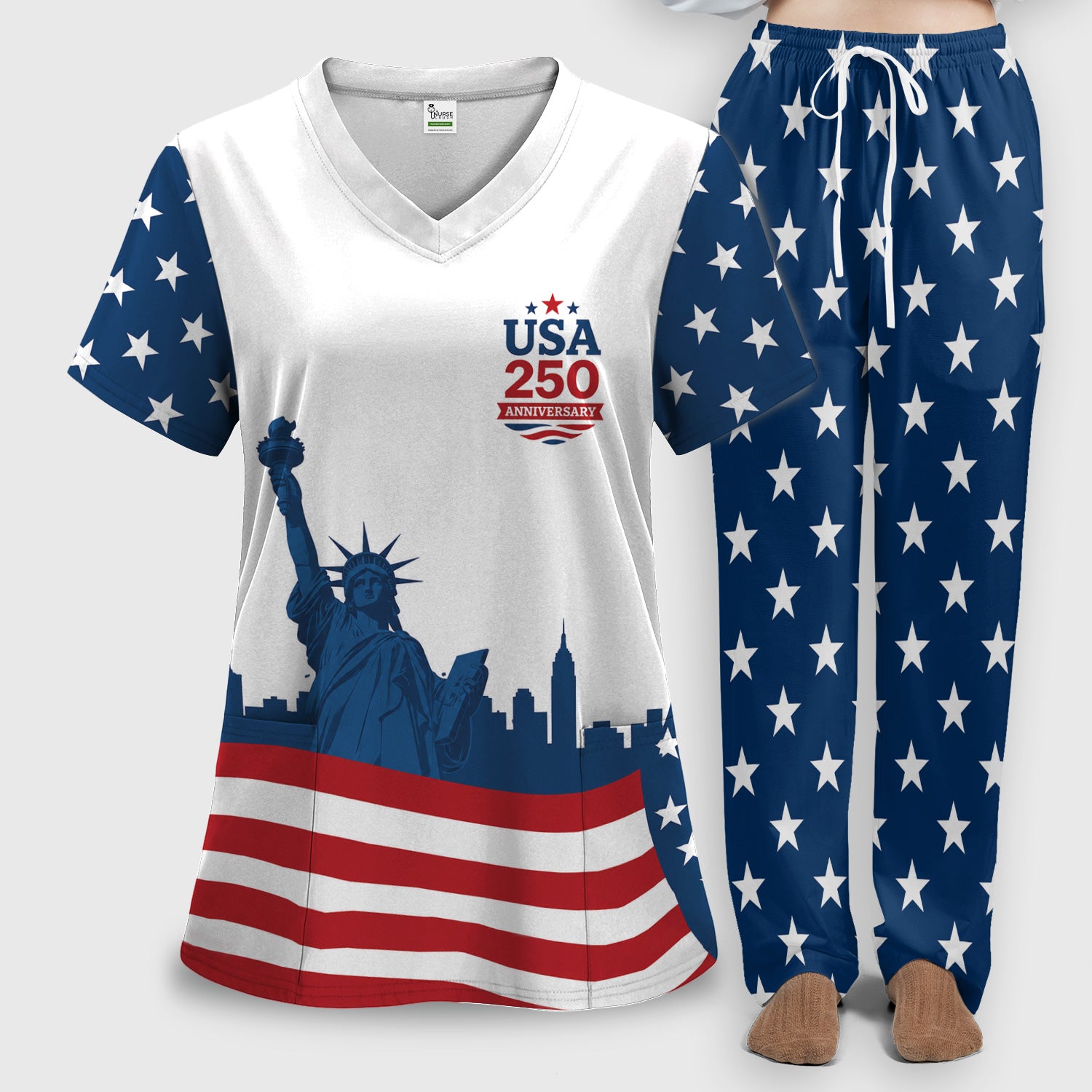 USA 250 Anniversary Patriotic Nurse Scrub Top for RN, CNA, Healthcare Workers Scrub Set, Scrub Pants and V Neck Top