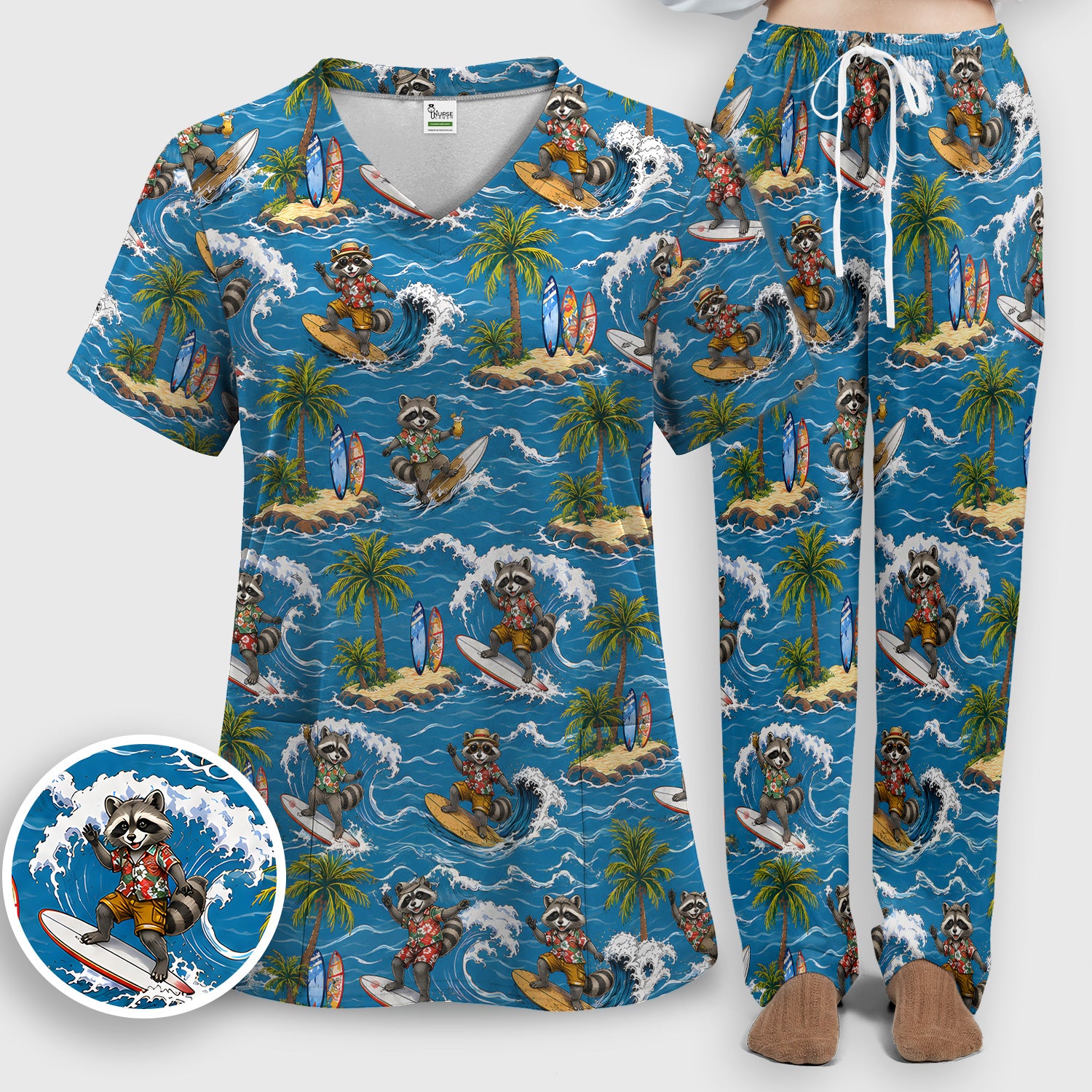 Tropical Surfing Raccoon Island Pattern Scrub Set, Scrub Pants and V Neck Top