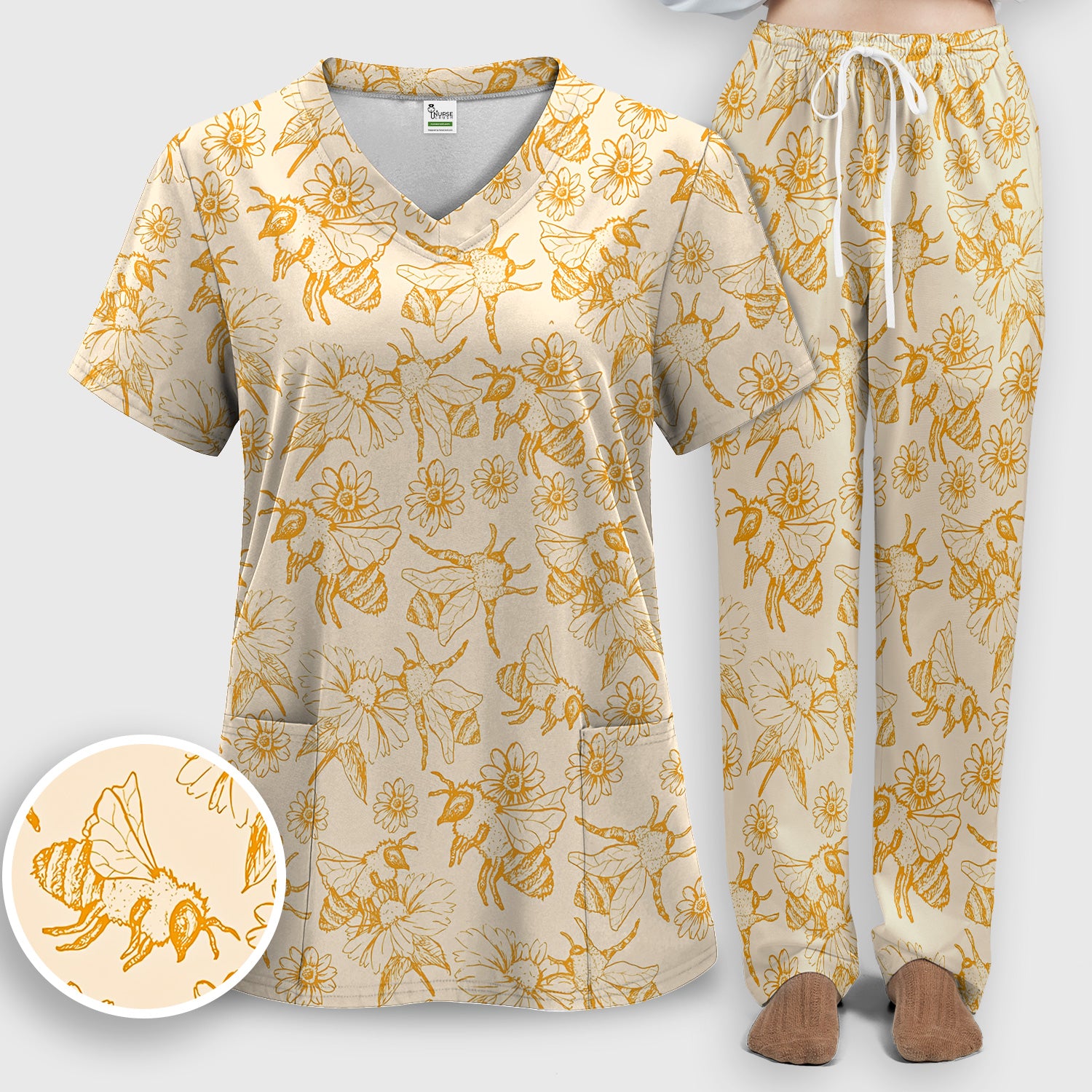 Cute Honey Bee Flower Sketch Pattern Scrub Set, Scrub Pants and V Neck Top