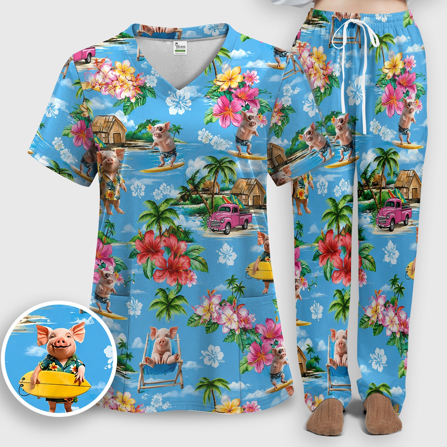 Tropical Surfing Pig Beach Pattern Scrub Set, Scrub Pants and V Neck Top