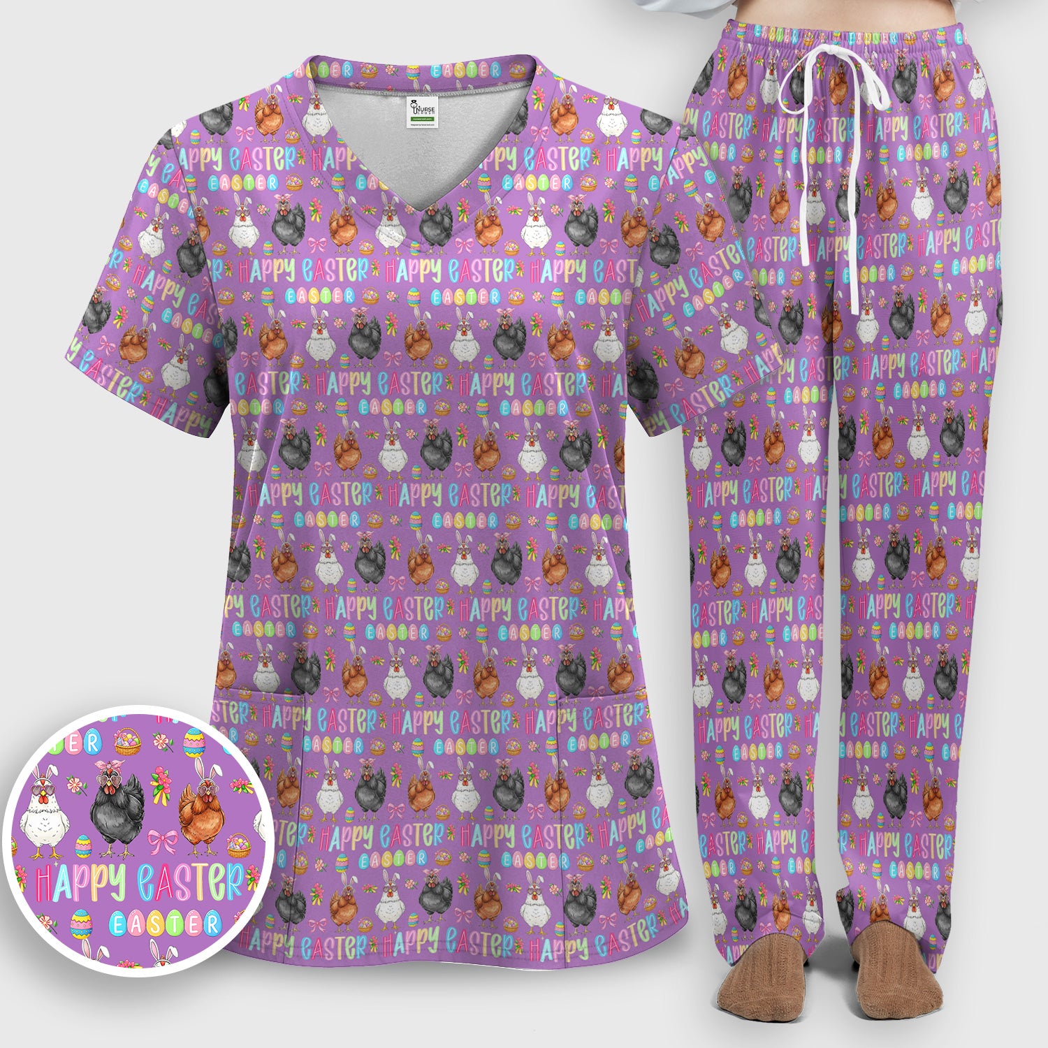 Happy Easter Bunny Eggs Pattern Scrub Sets, Scrub Pants and V Neck Top