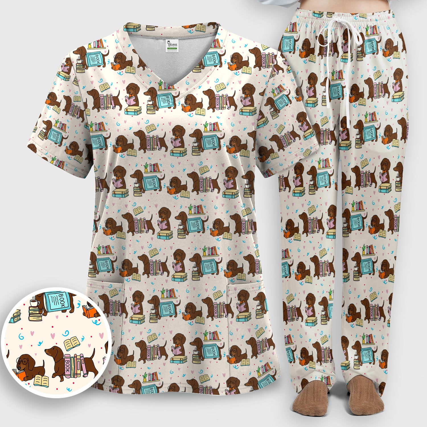 Cute Bookish Dachshund Reading Scrub Set, Scrub Pants and V Neck Top