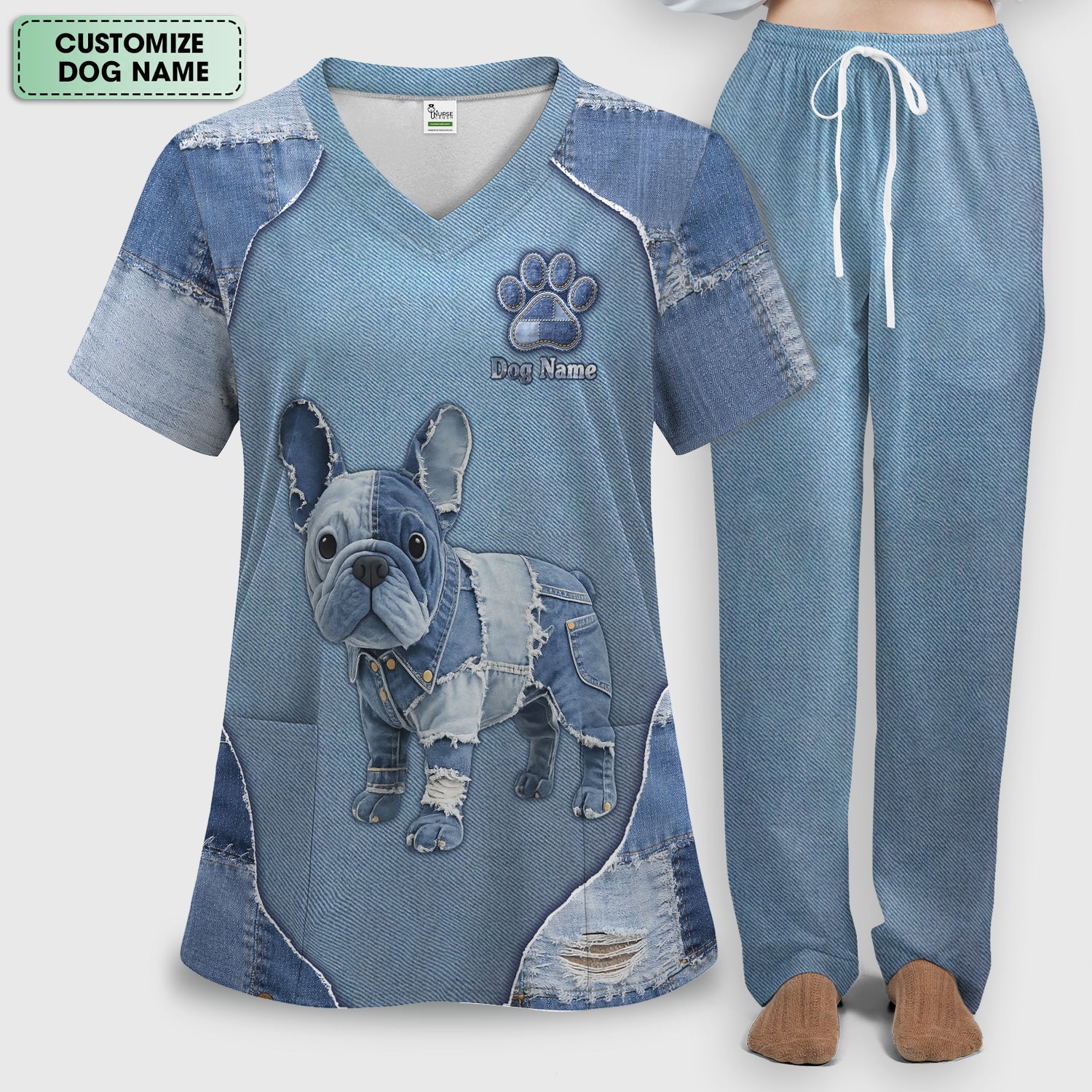 Custom Dog Name Denim French Bulldog Scrub Set ,Scrub Pants and V Neck Top