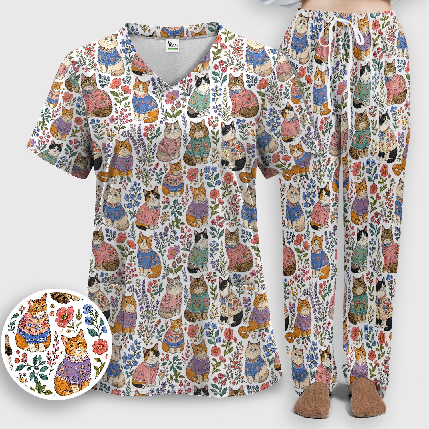 Cute Floral Cat Pattern Scrub Set, Scrub Pants and V Neck Top