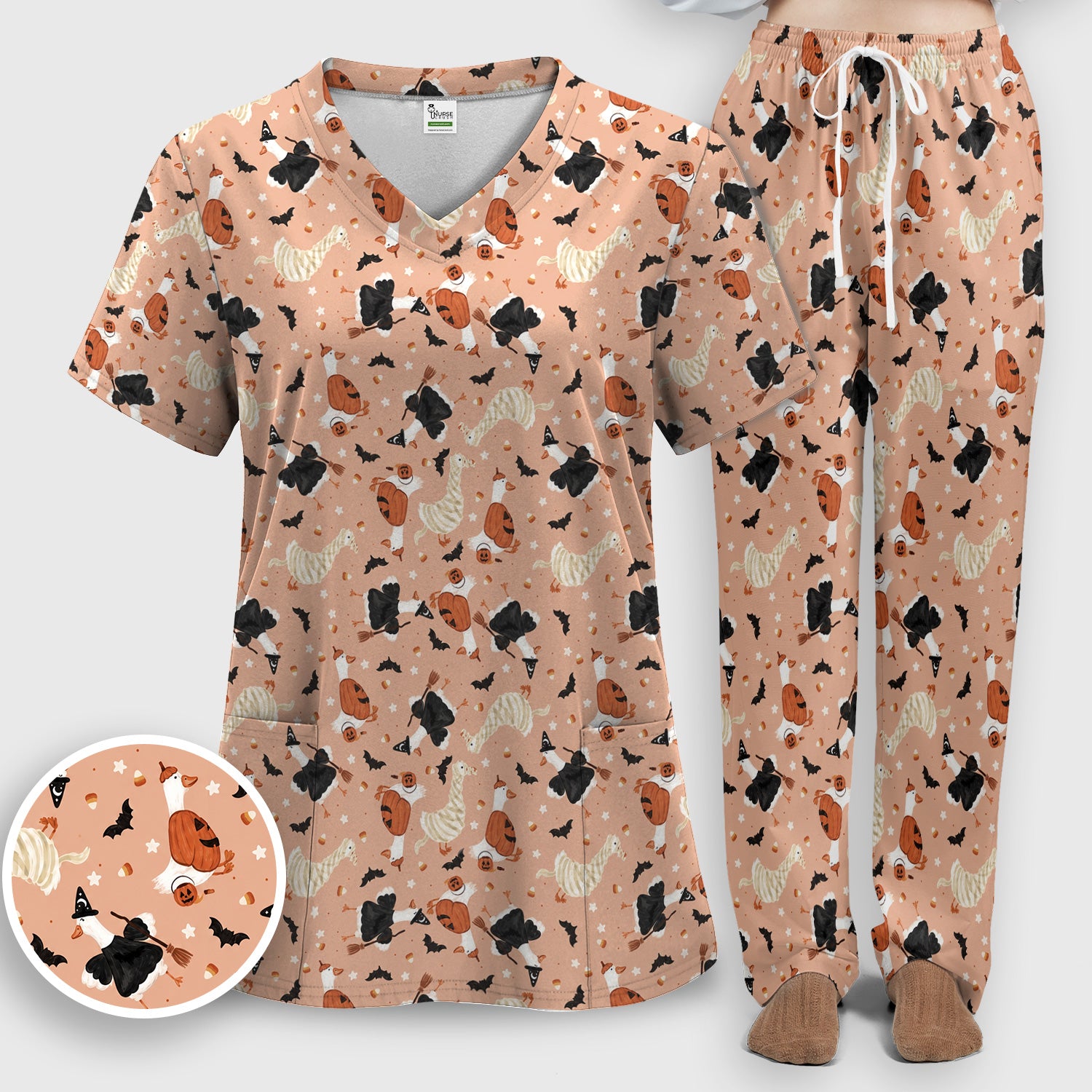 Halloween Goose with Pumpkin Bat Pattern Scrub Set, Scrub Pants and V Neck Top