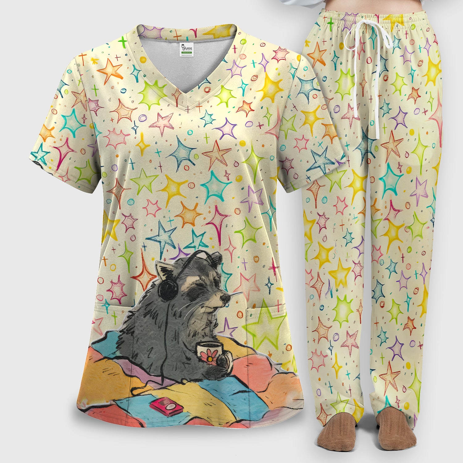 Chill Raccoon Starry Music Pattern Scrub Set, Scrub Pants and V Neck Top