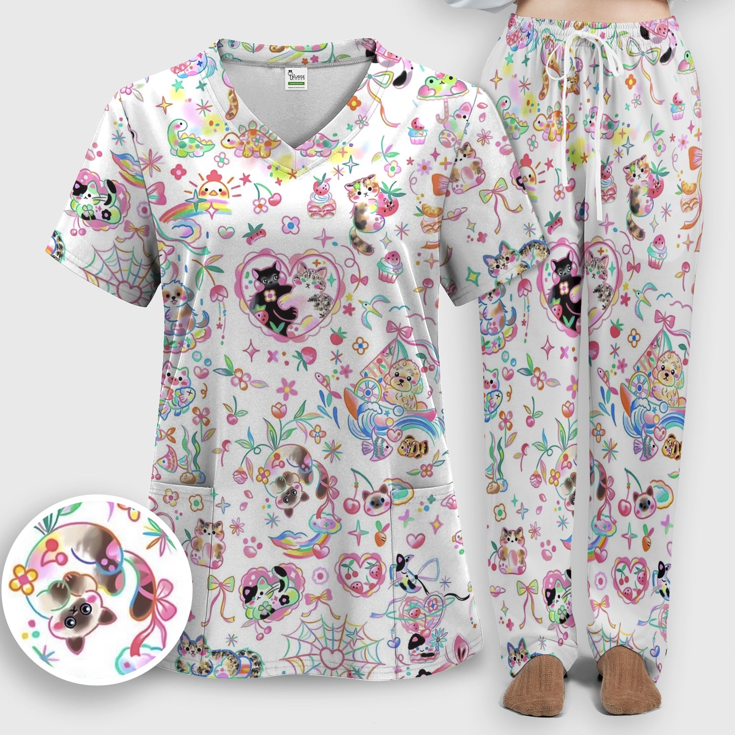 Cute Kawaii Animal Rainbow Heart Pattern Scrub Set, Scrub Pants and V Neck Top