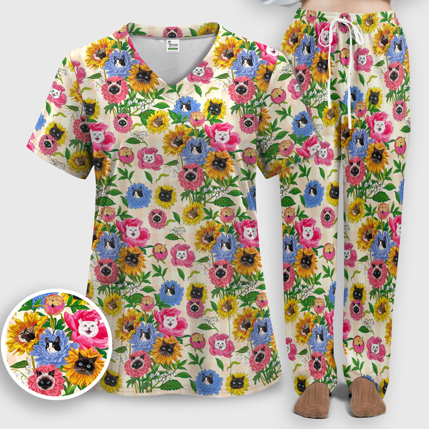 Cat Face Hidden In Colorful Flower Garden Scrub Set, Scrub Pants and V Neck Top