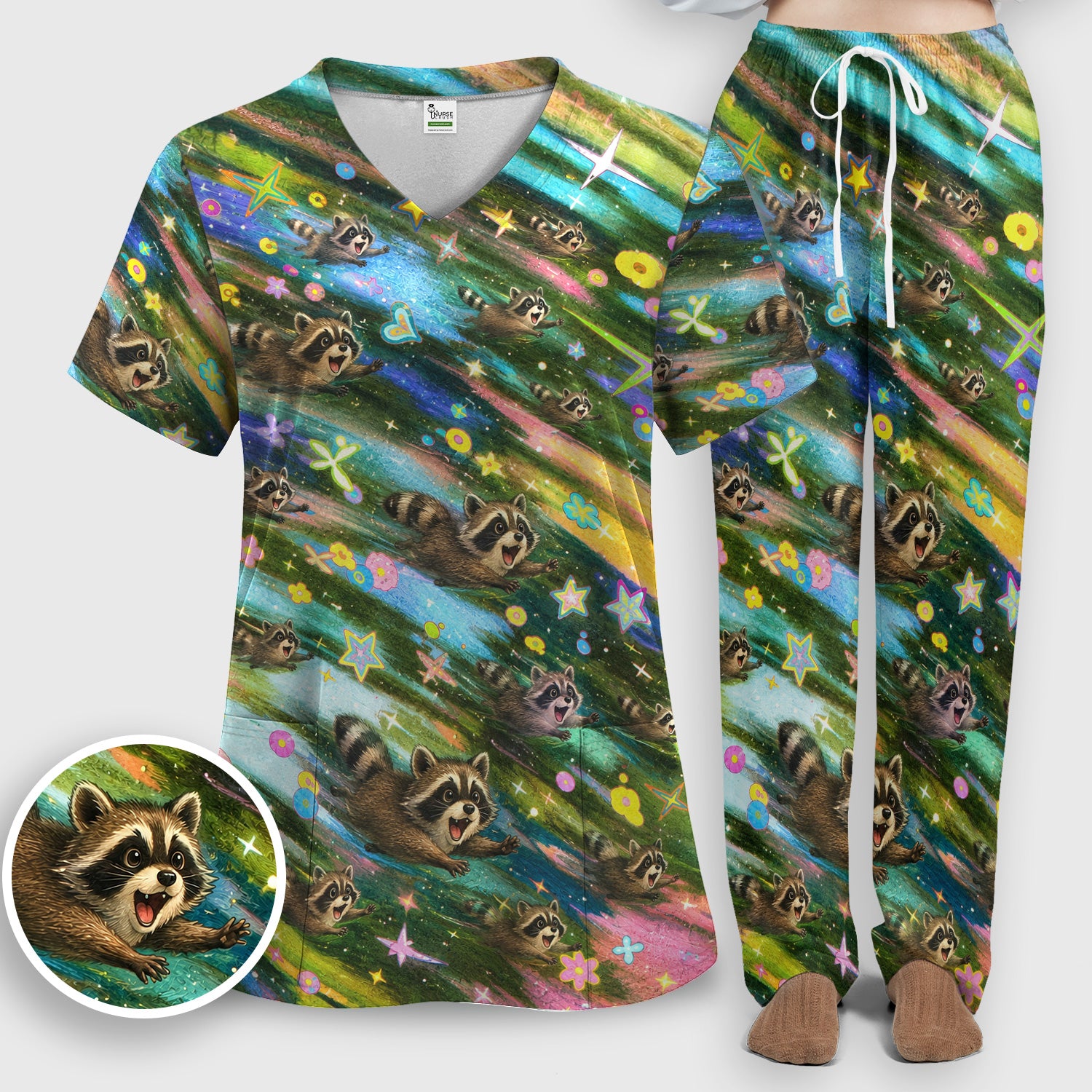 Cute Raccoon Rainbow Dash Pattern Scrub Set, Scrub Pants and V Neck Top