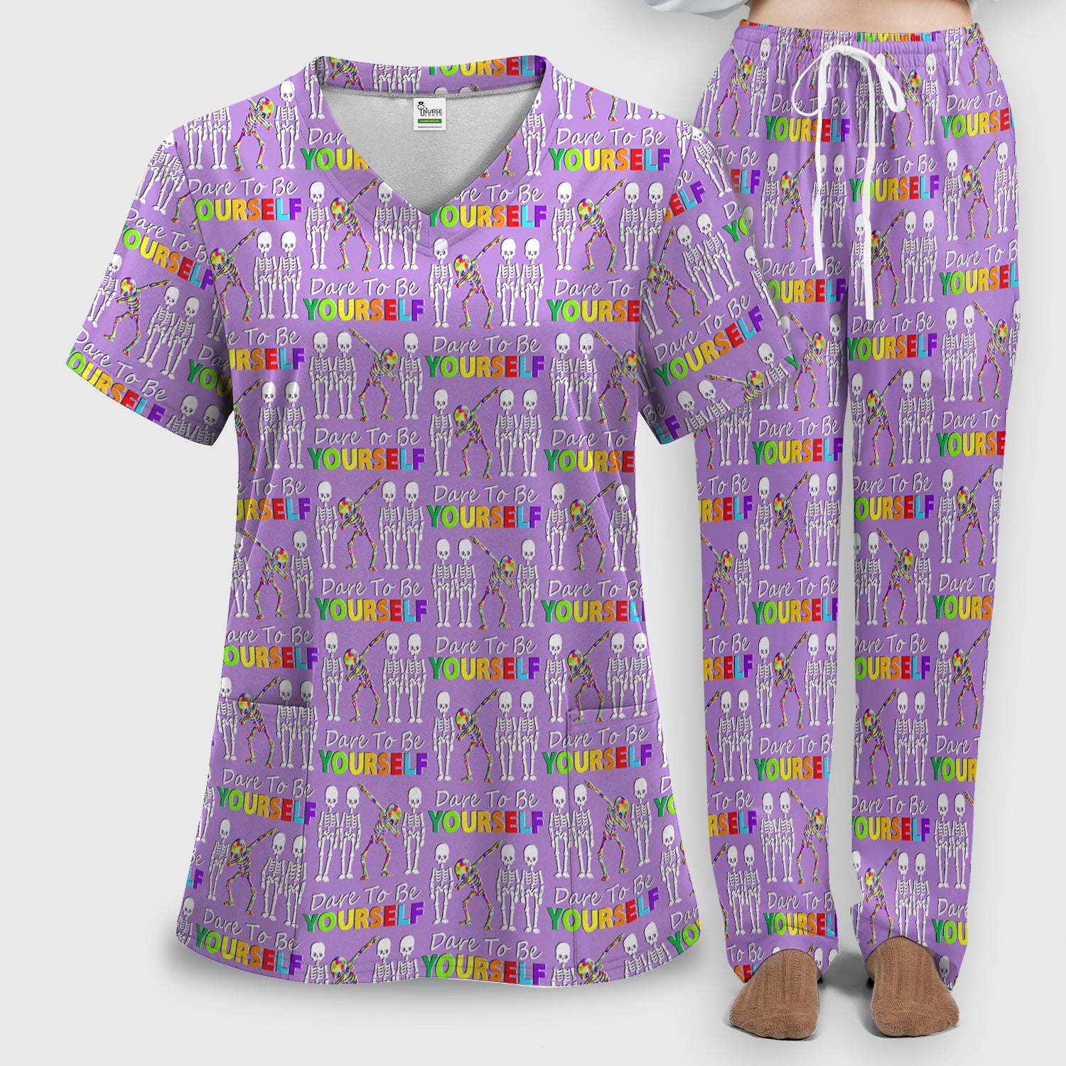Rainbow Skeleton Dare To Be Yourself Pattern Scrub Sets, Scrub Pants and V Neck Top