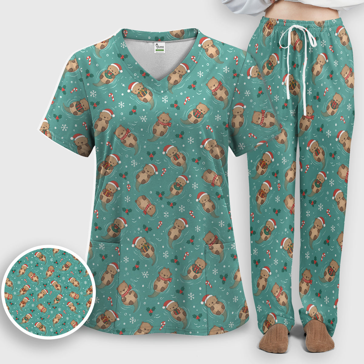 Christmas Sea Otters And Gifts Scrub Set, Scrub Pants and V Neck Top
