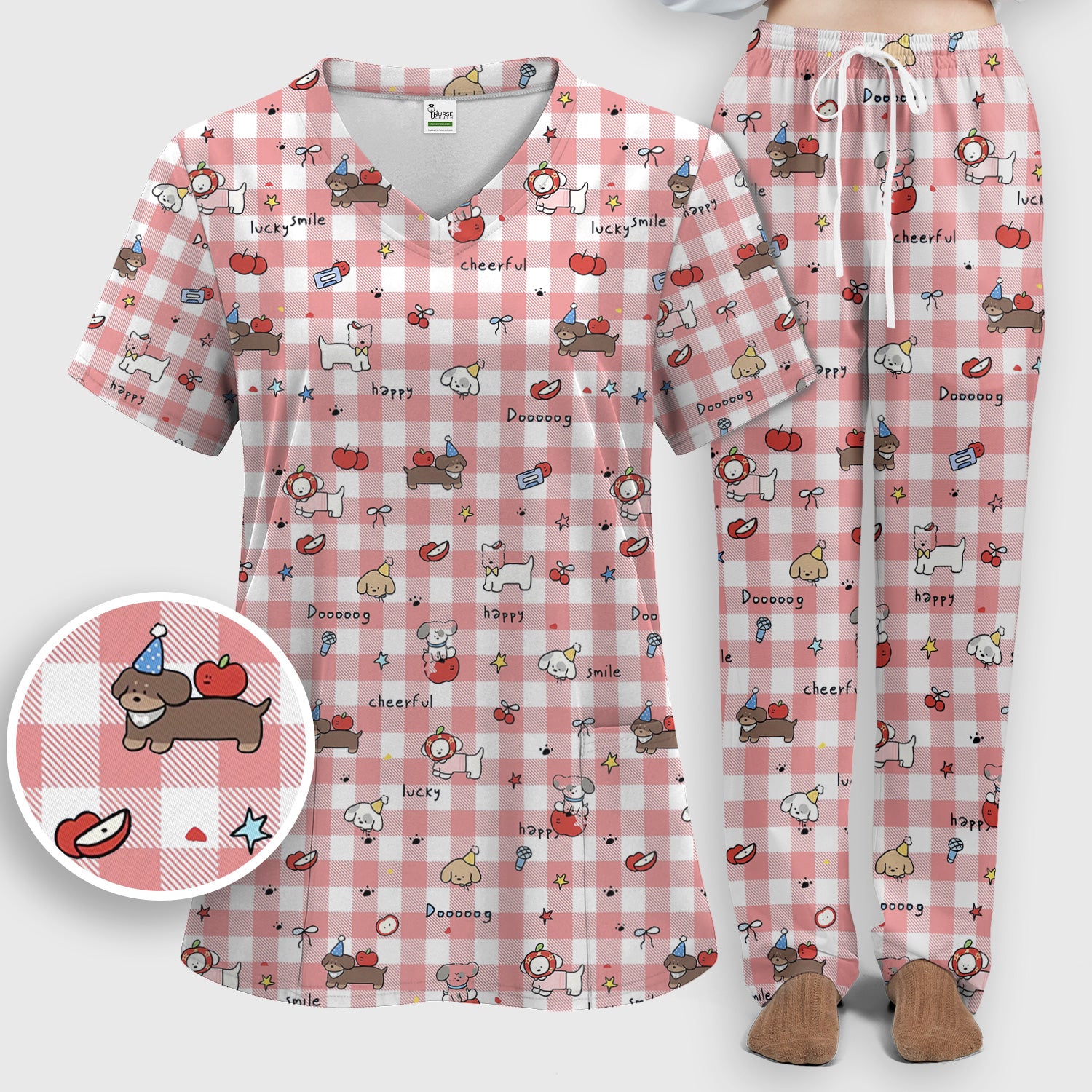 Cute Nurse Cartoon Puppy Apple Gingham Scrub Top, Breathable Fabrics Nursing Uniform
