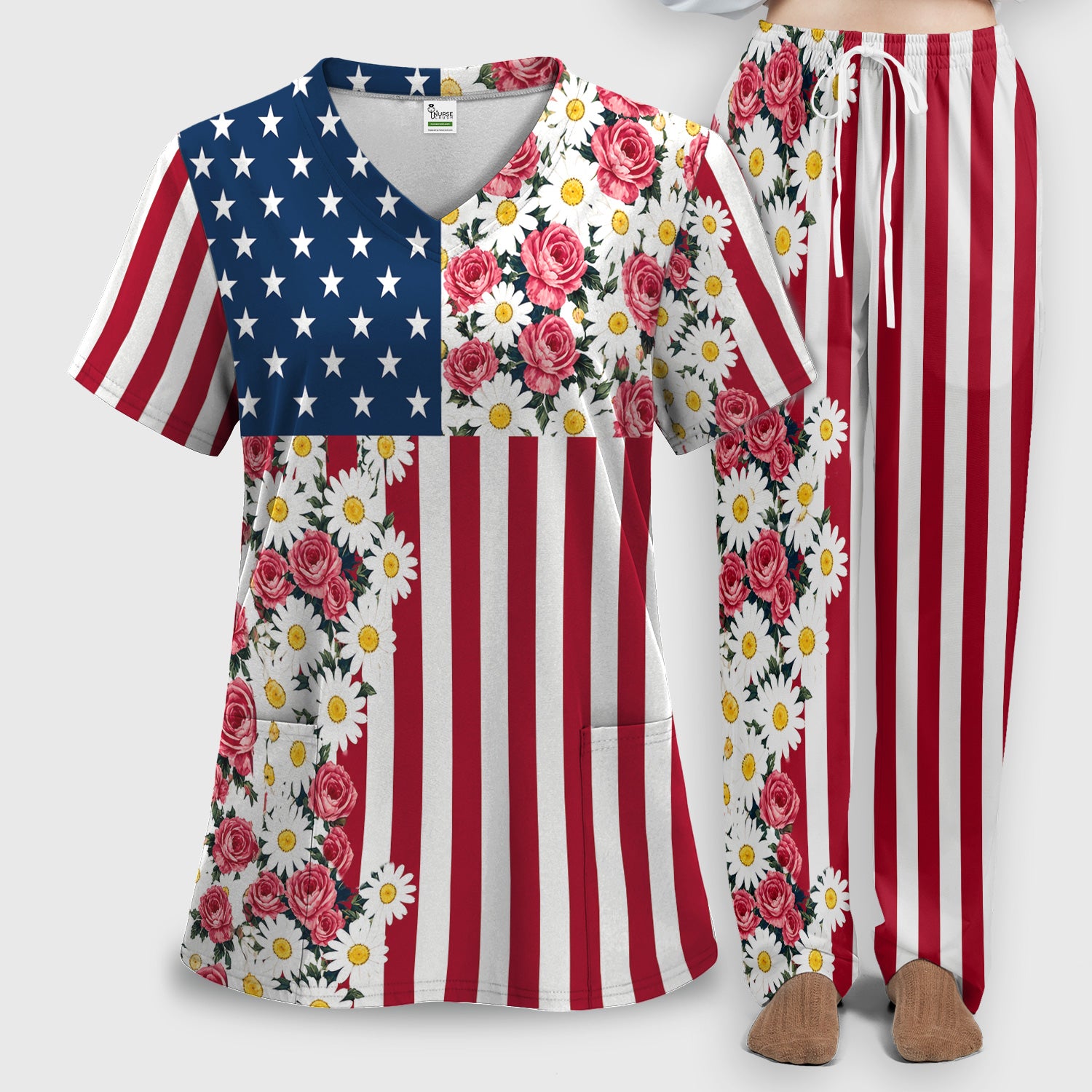 Floral American Flag Nurse Scrub Top for RN, CNA, Healthcare Workers, Patriotic Uniform Scrub Set, Scrub Pants and V Neck Top