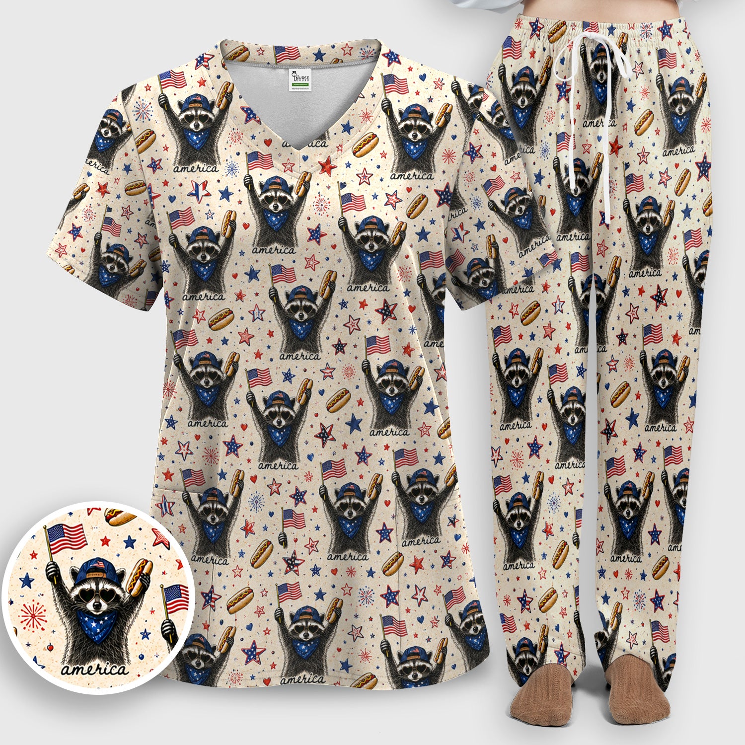 Patriotic Raccoon America Hotdog Pattern Scrub Set, Scrub Pants and V Neck Top