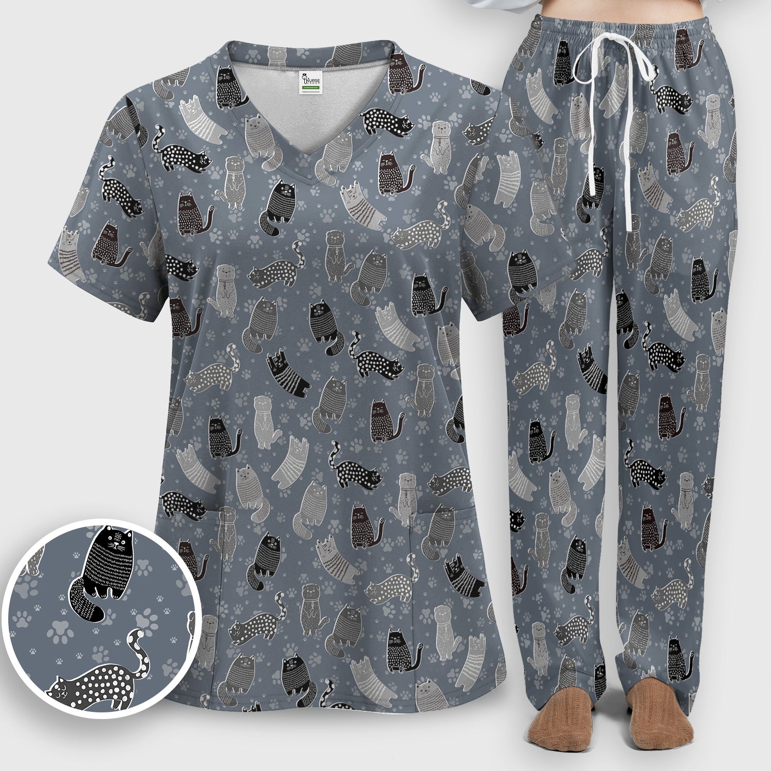 Cute Cat and Paw Print Pattern Scrub Set, Breathable Med Uniform