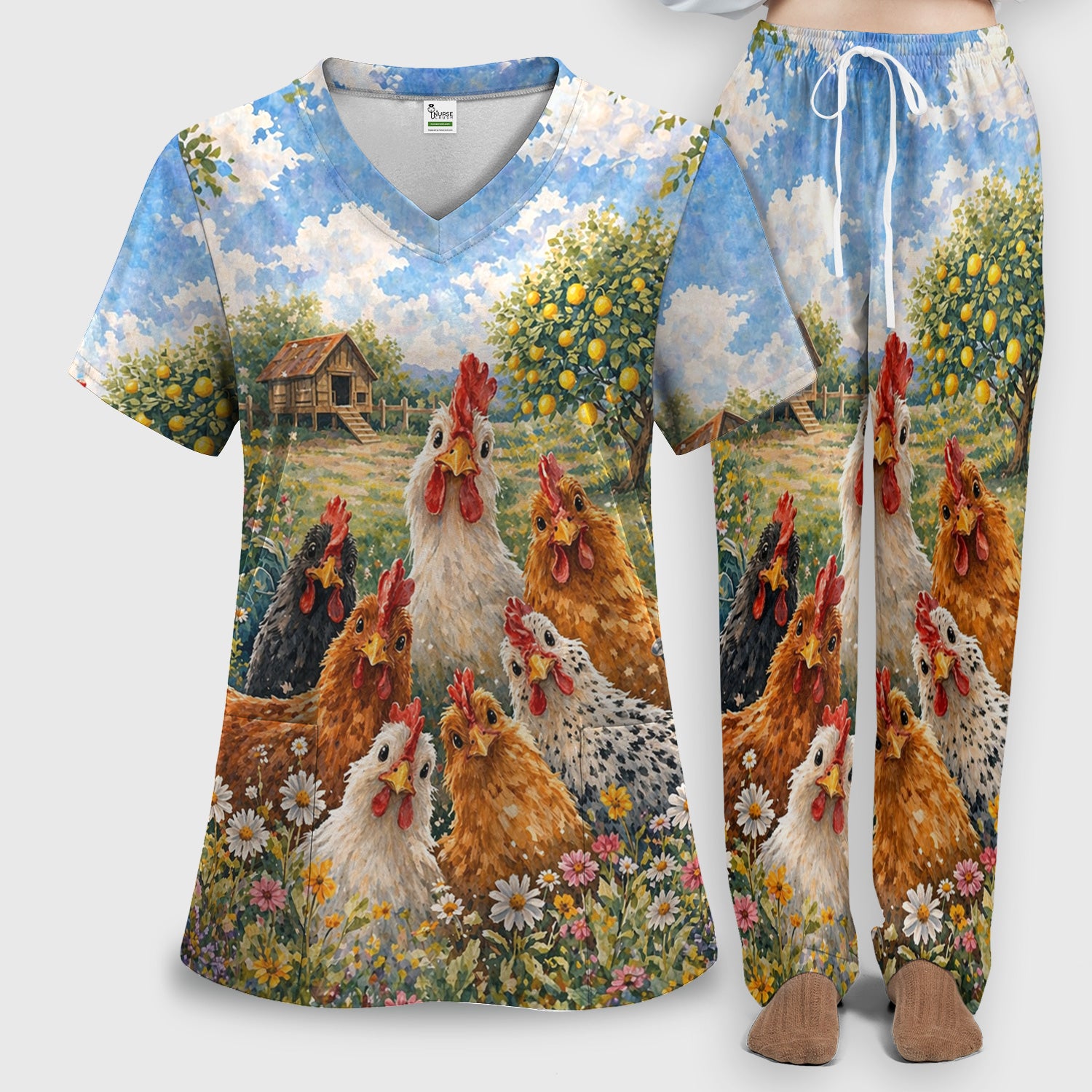 Rustic Chicken Family Farm Garden Pattern Nurse Scrub Set, Scrub Pants and V Neck Top