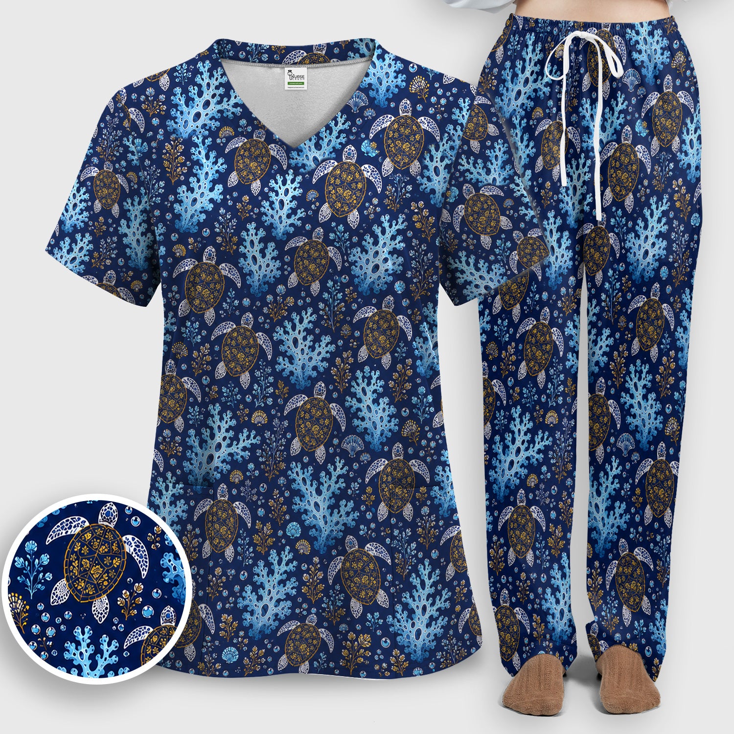 Ocean Turtle Coral Nurse Pattern Scrub Set, Scrub Pants and V Neck Top